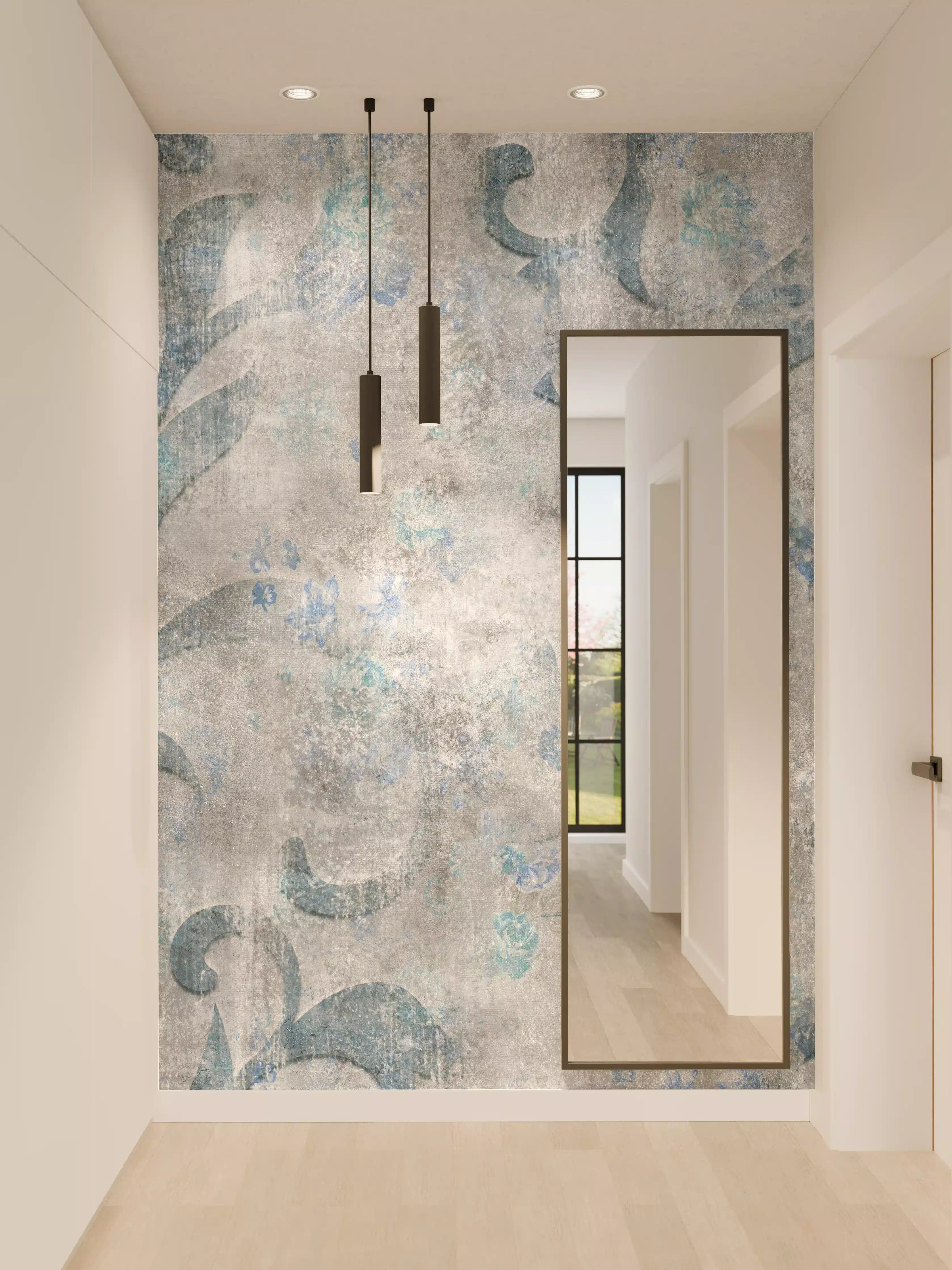 Wandverkleidung Flur - Blaues Blätter Muster - Zement