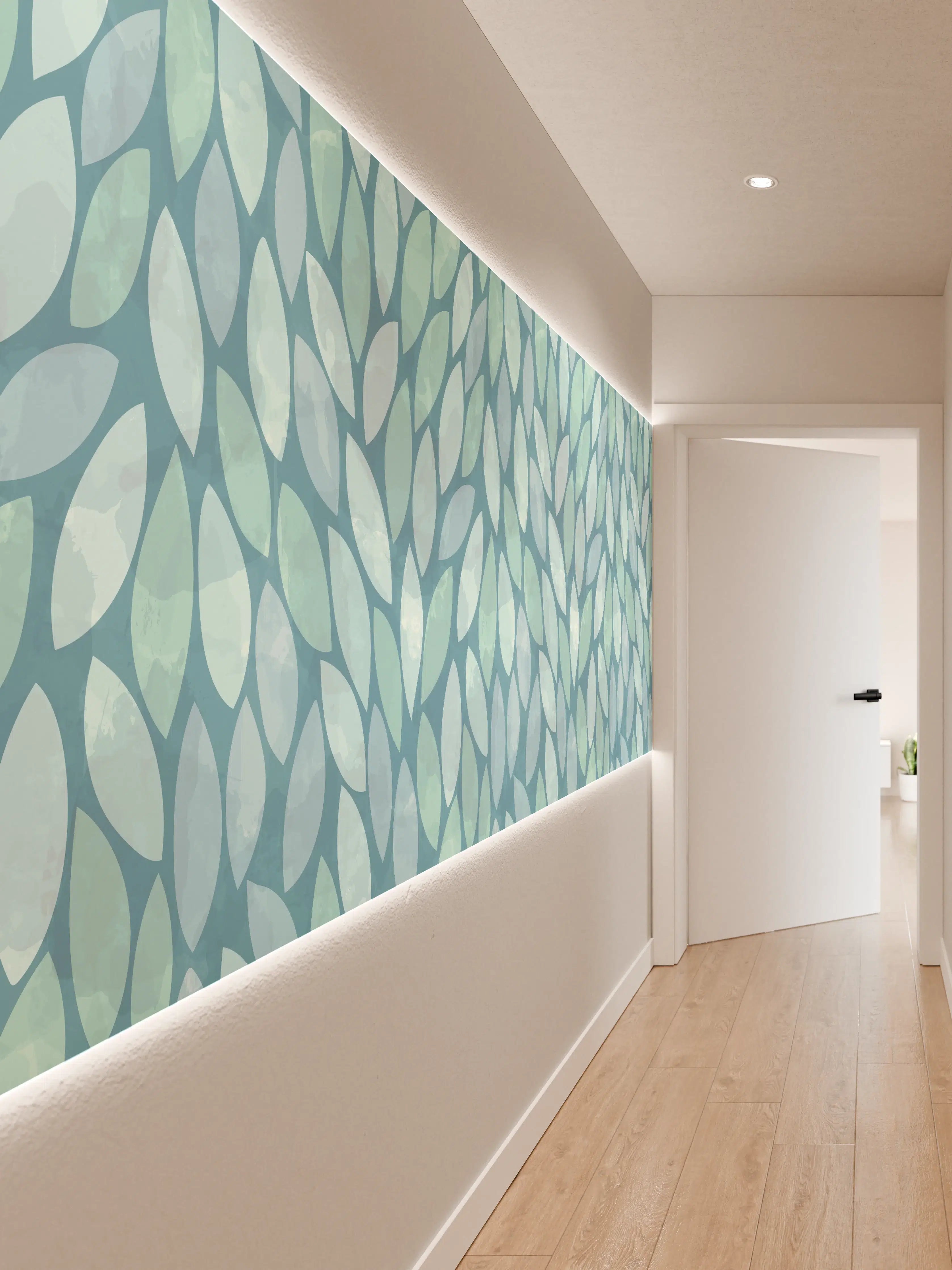 Wandverkleidung Flur - Blaues Blätter-Muster Wandgestaltung