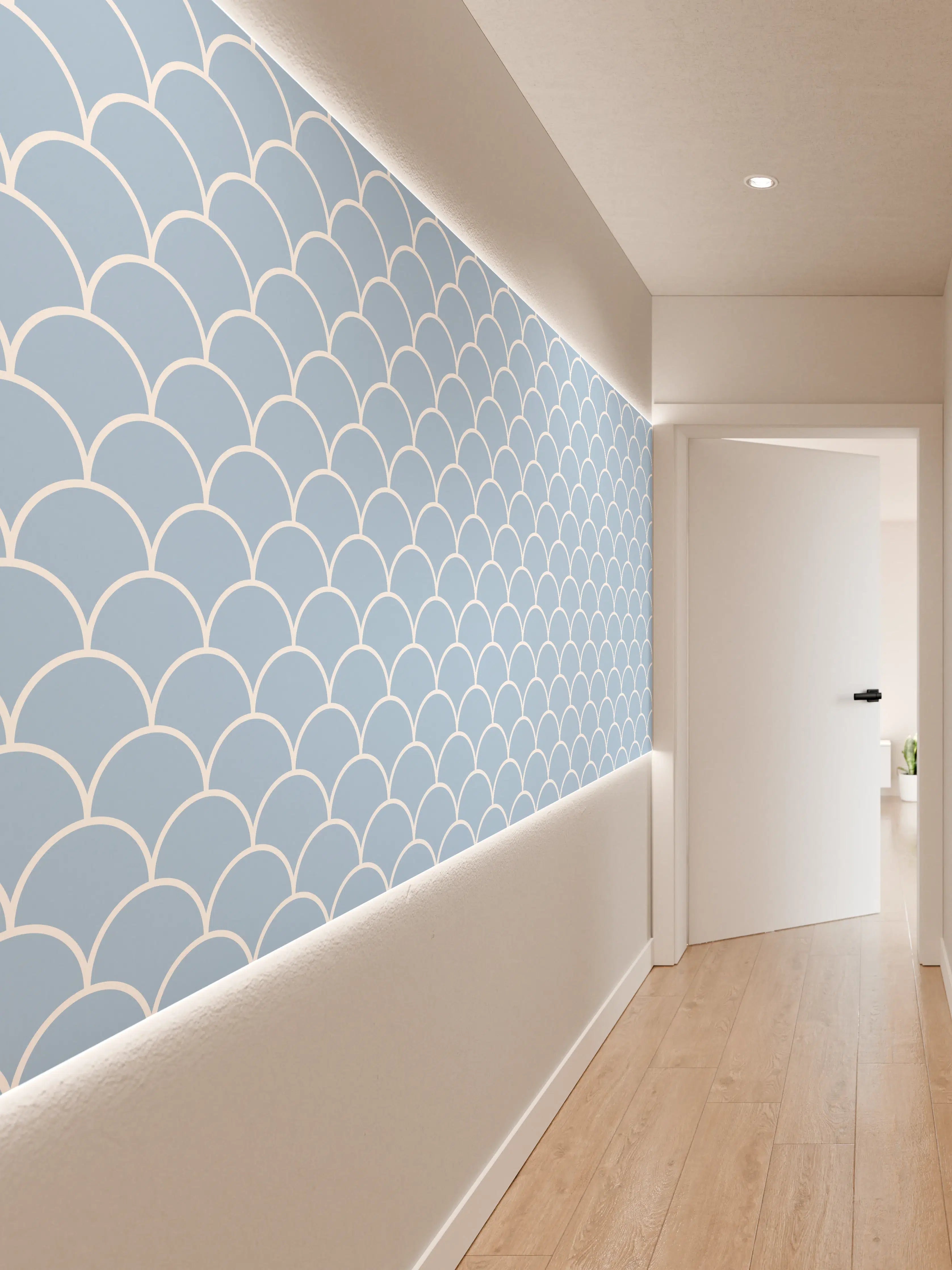 Wandverkleidung Flur - Blaues Meeresmuster mit Fischschuppen-Design