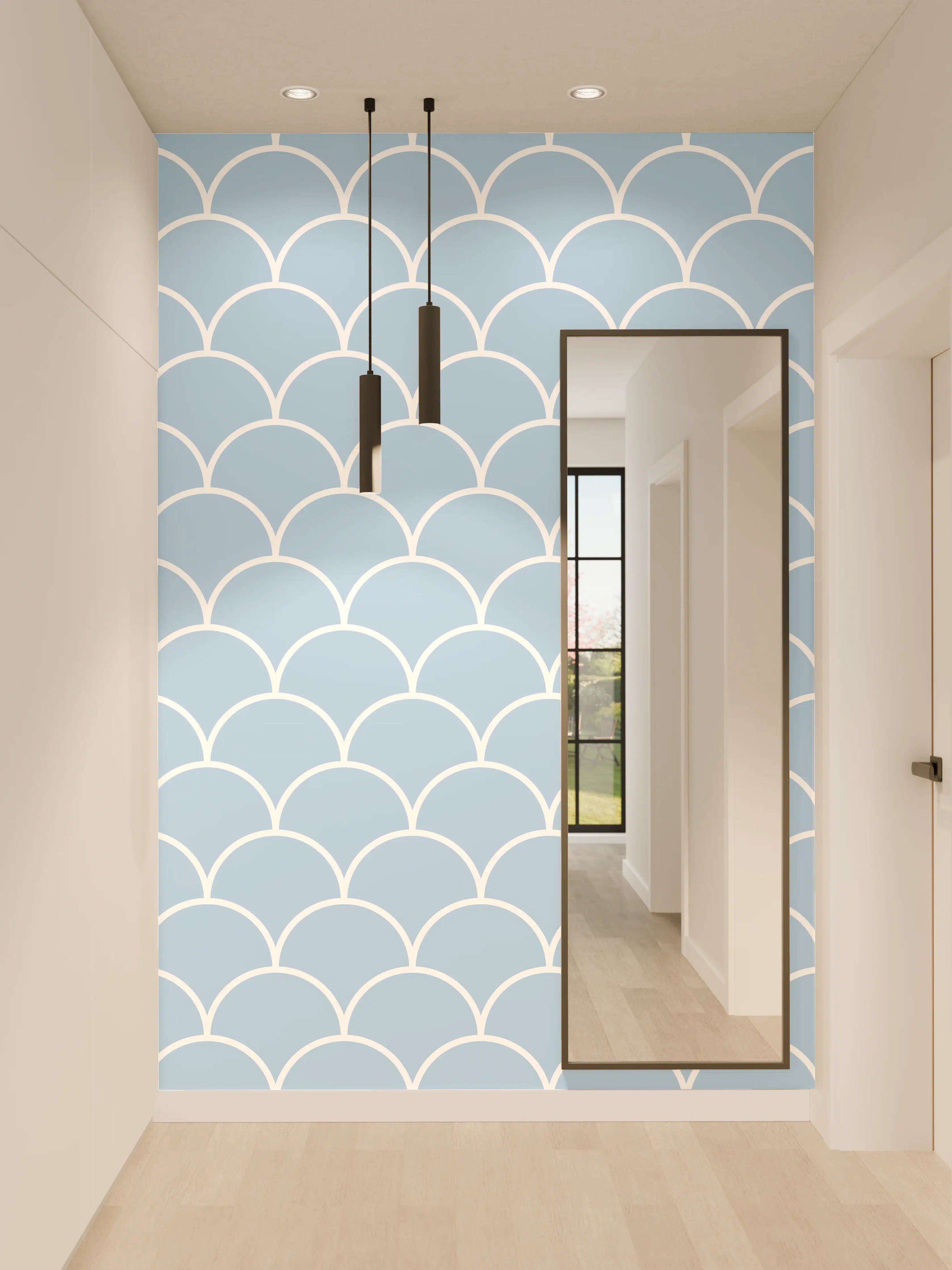 Wandverkleidung Flur - Blaues Meeresmuster mit Fischschuppen-Design