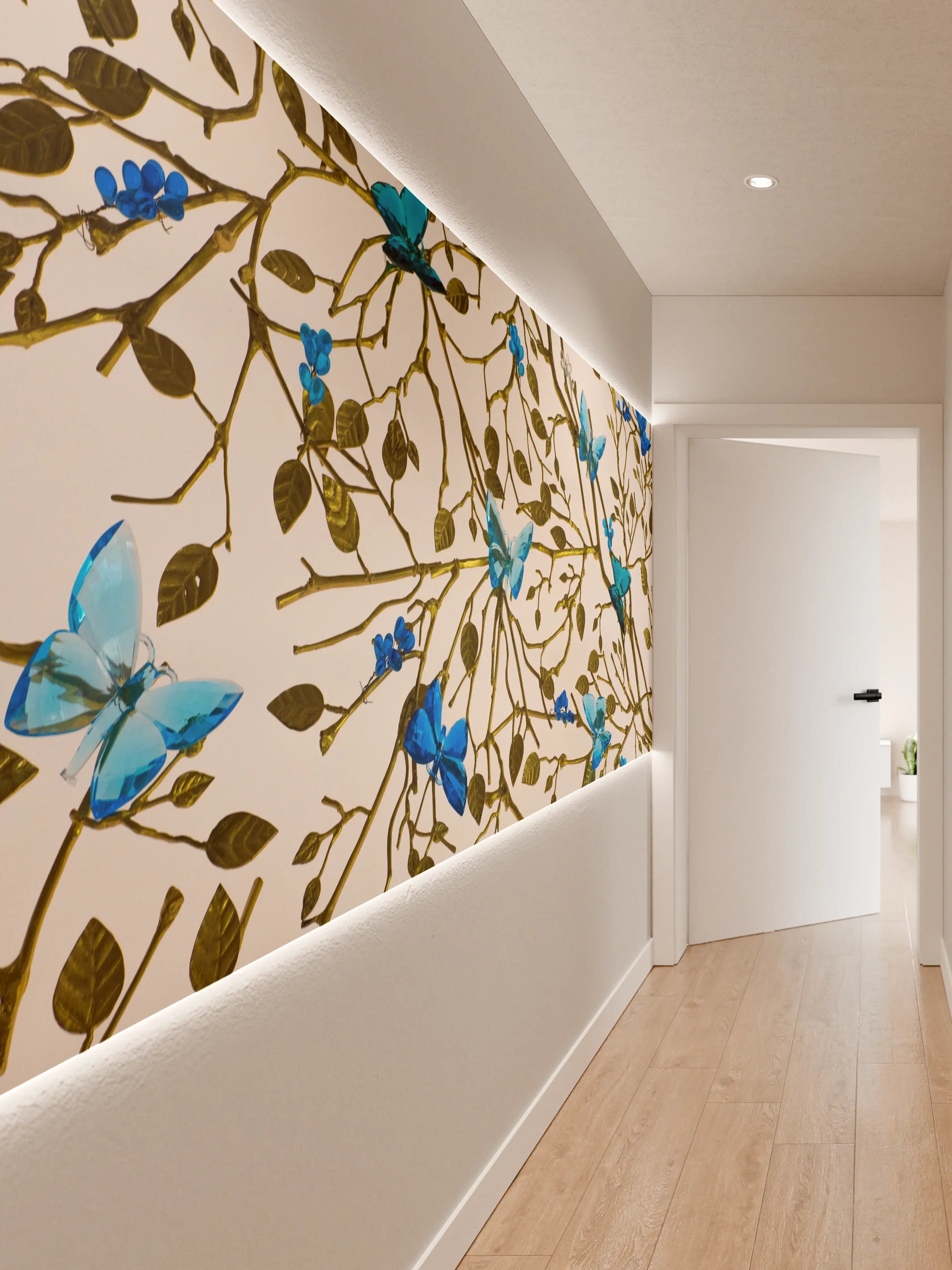 Wandverkleidung Flur - Blaues Schmetterlingsmuster auf cremefarbenem Hintergrund