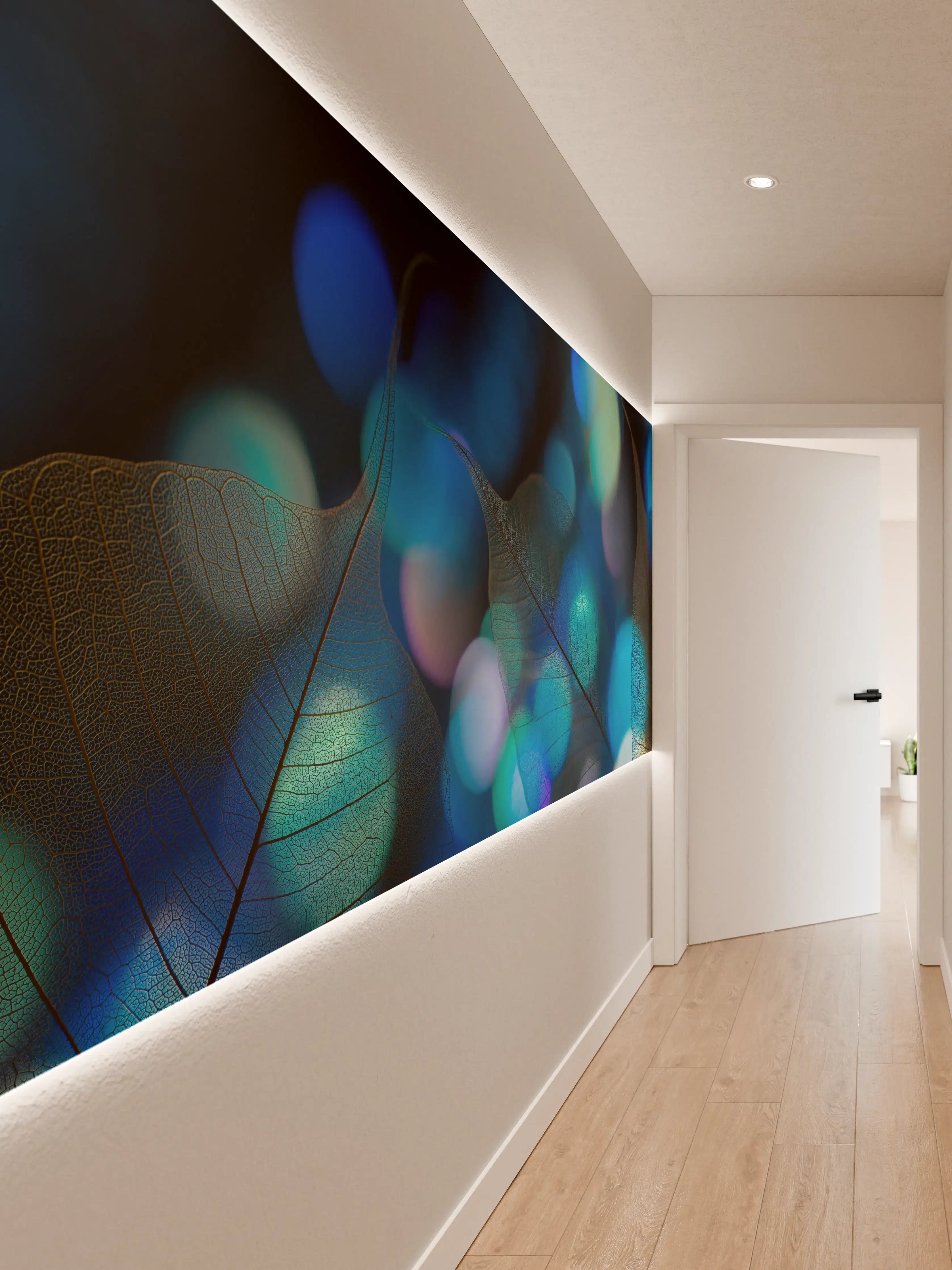 Wandverkleidung Flur - Blaugrün Lichtspiel Blatttextur