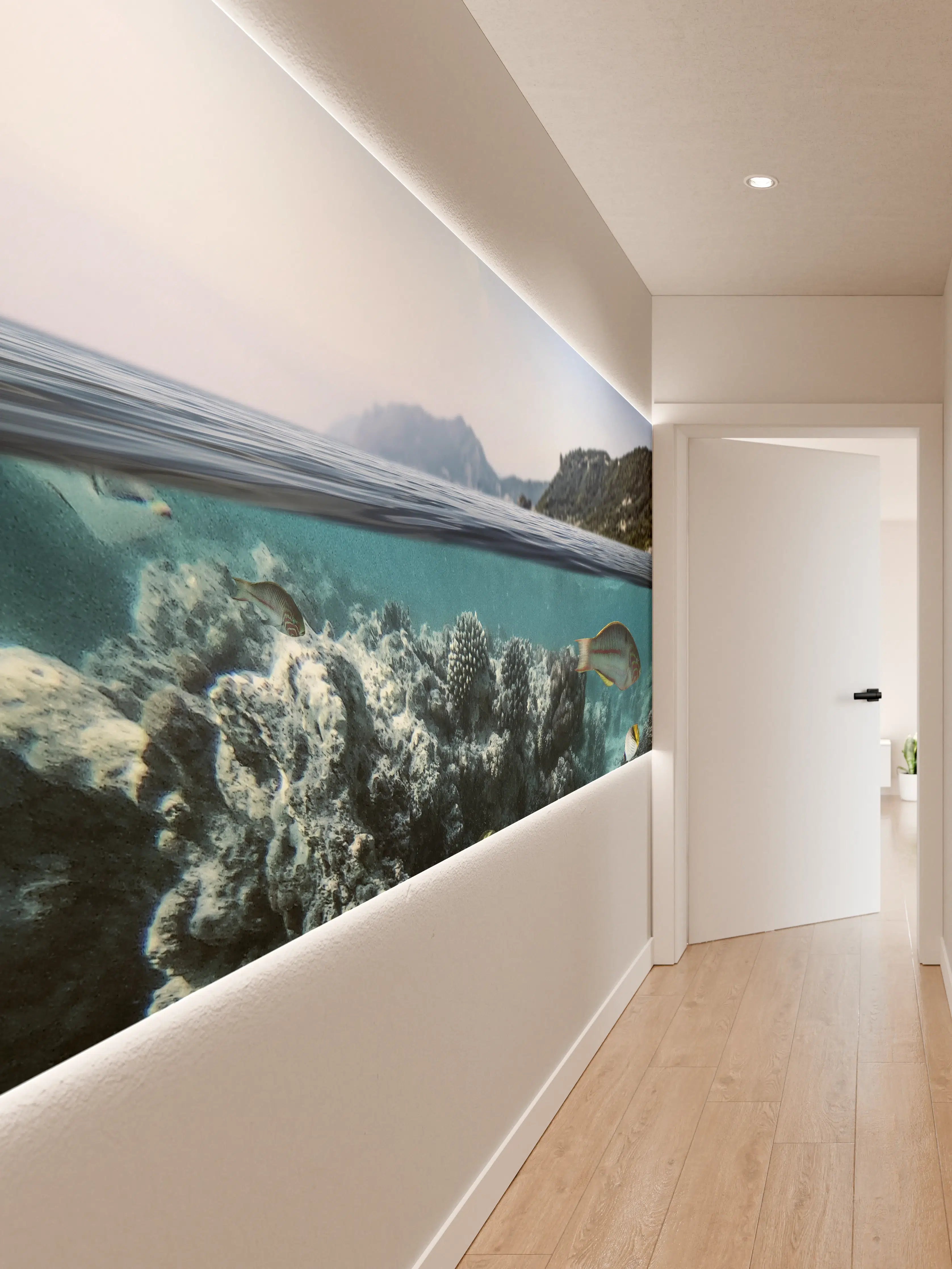 Wandverkleidung Flur - Blick unter Wasser auf bunte Meeresbewohner