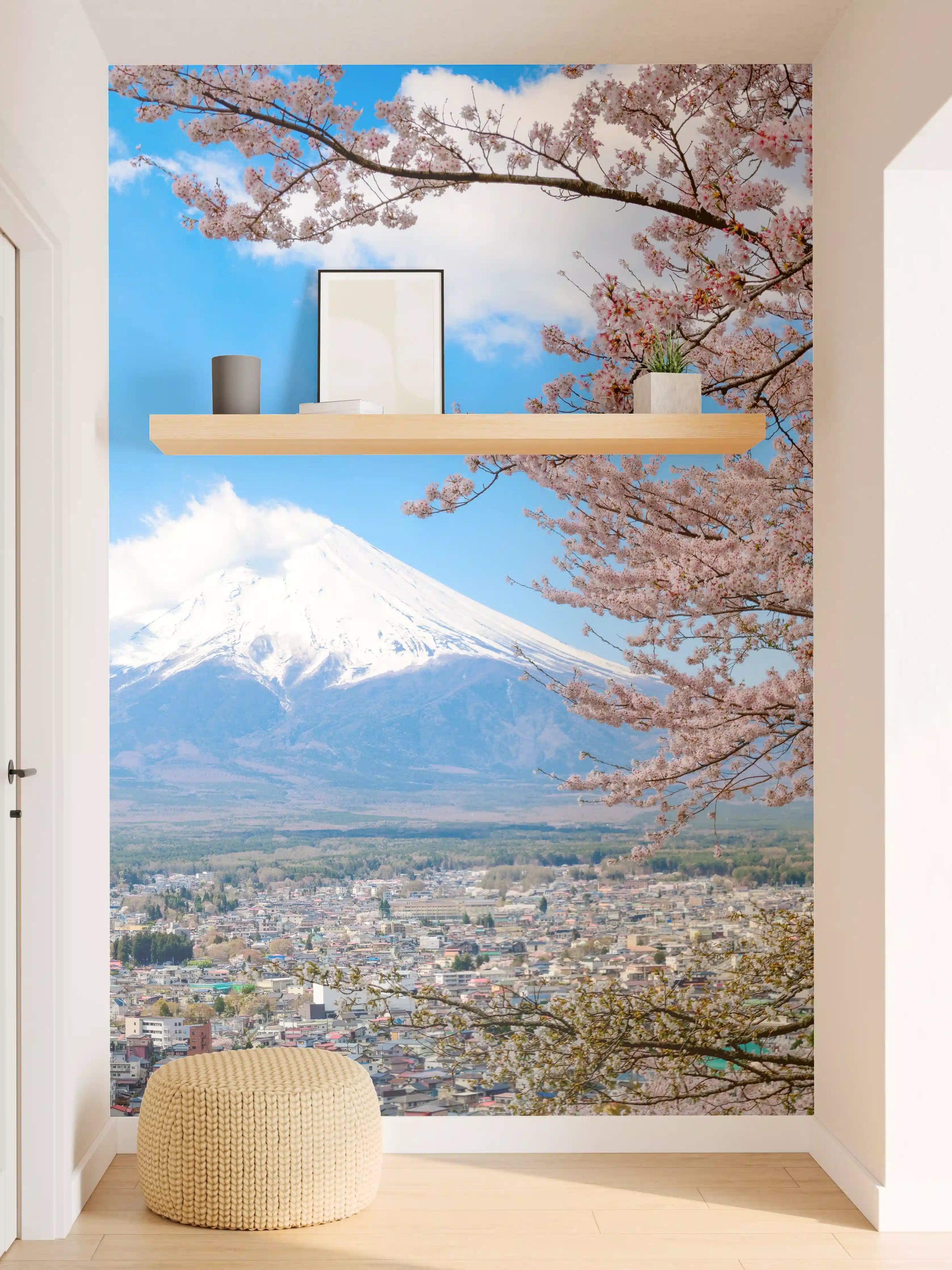 Wandverkleidung Flur - Blühende Kirschbäume vor Fuji