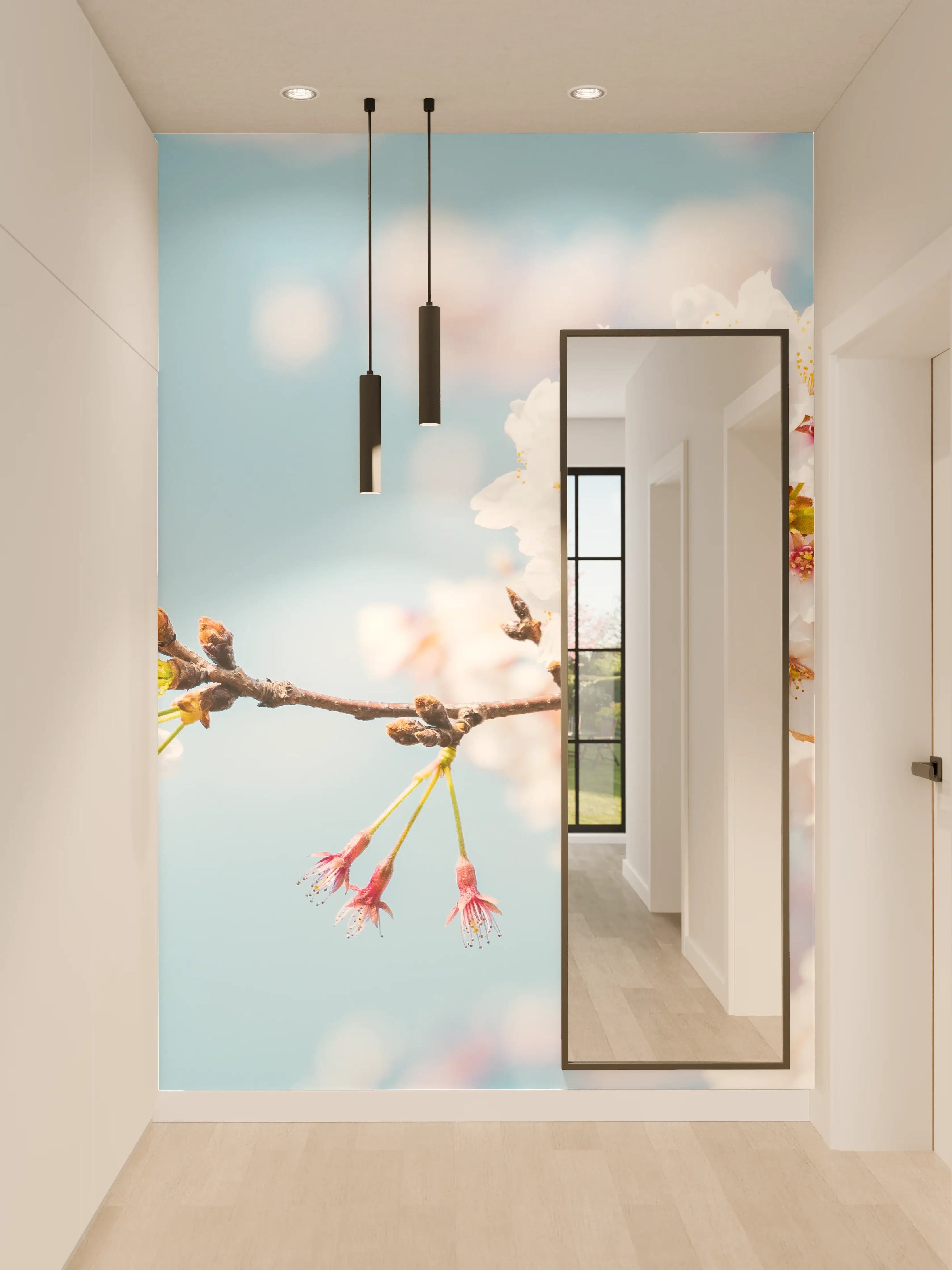 Wandverkleidung Flur - Blühende Kirschblüte vor blauem Himmel