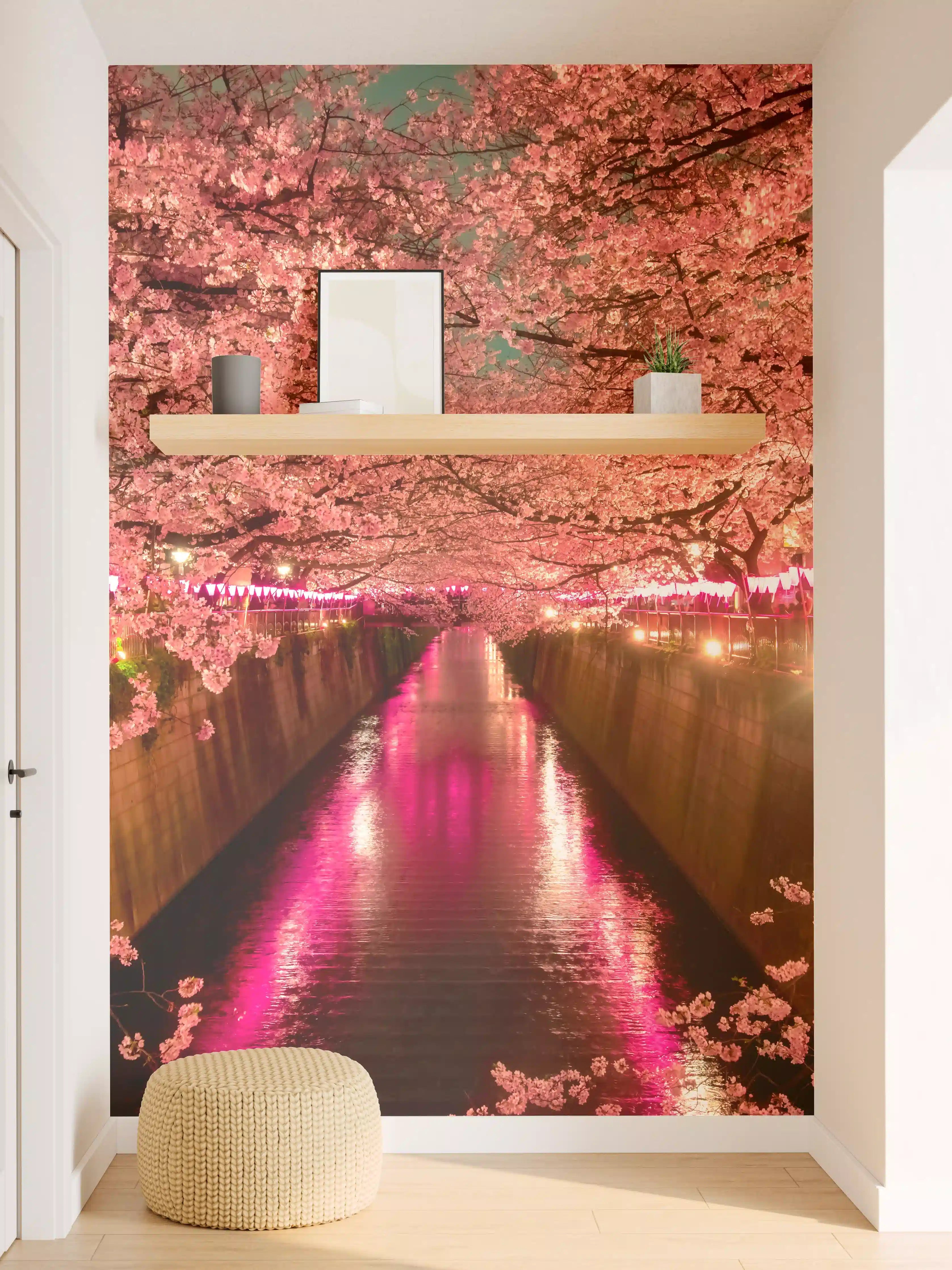 Wandverkleidung Flur - Blühender Sakura-Tunnel bei Nacht