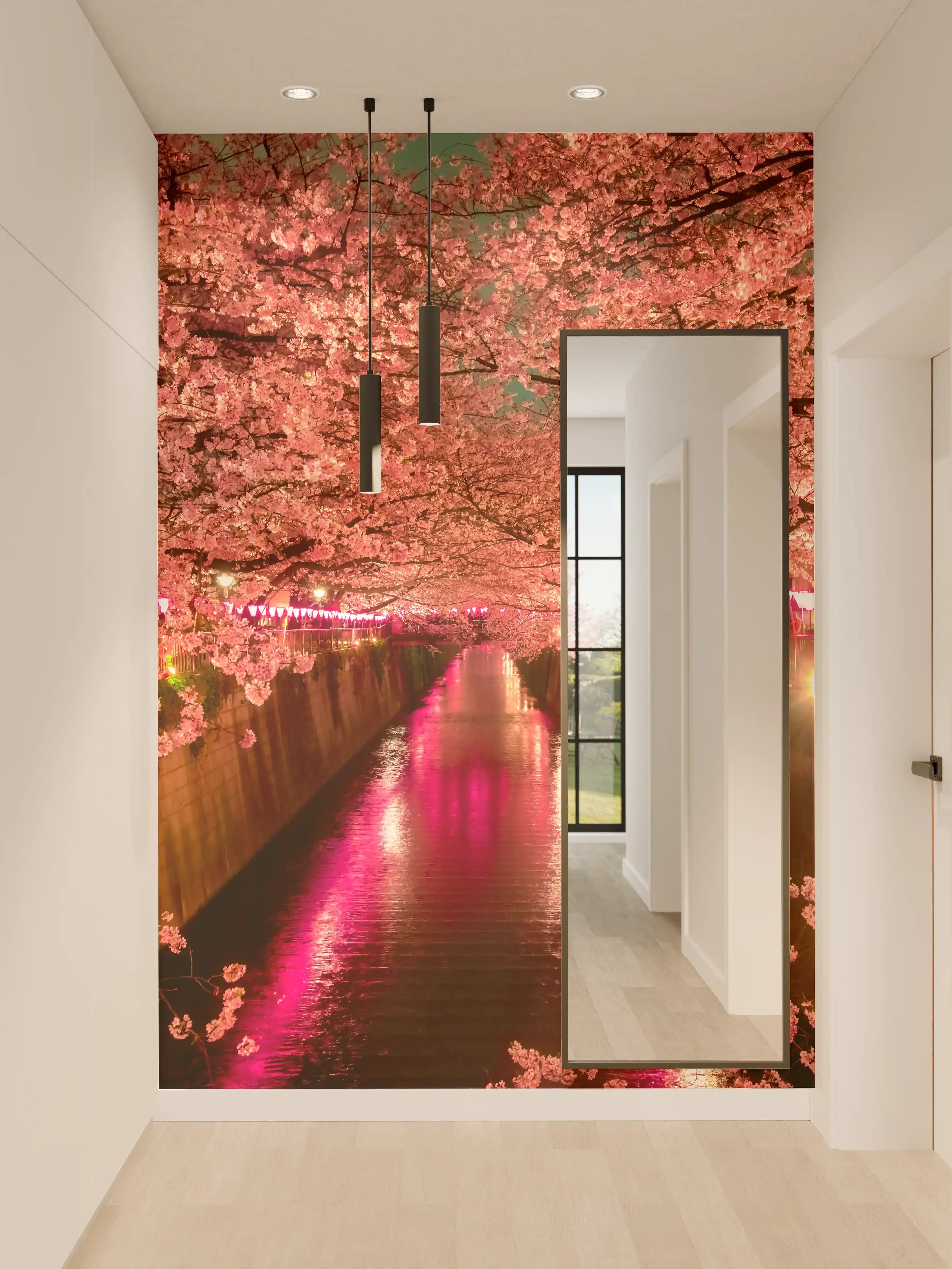 Wandverkleidung Flur - Blühender Sakura-Tunnel bei Nacht