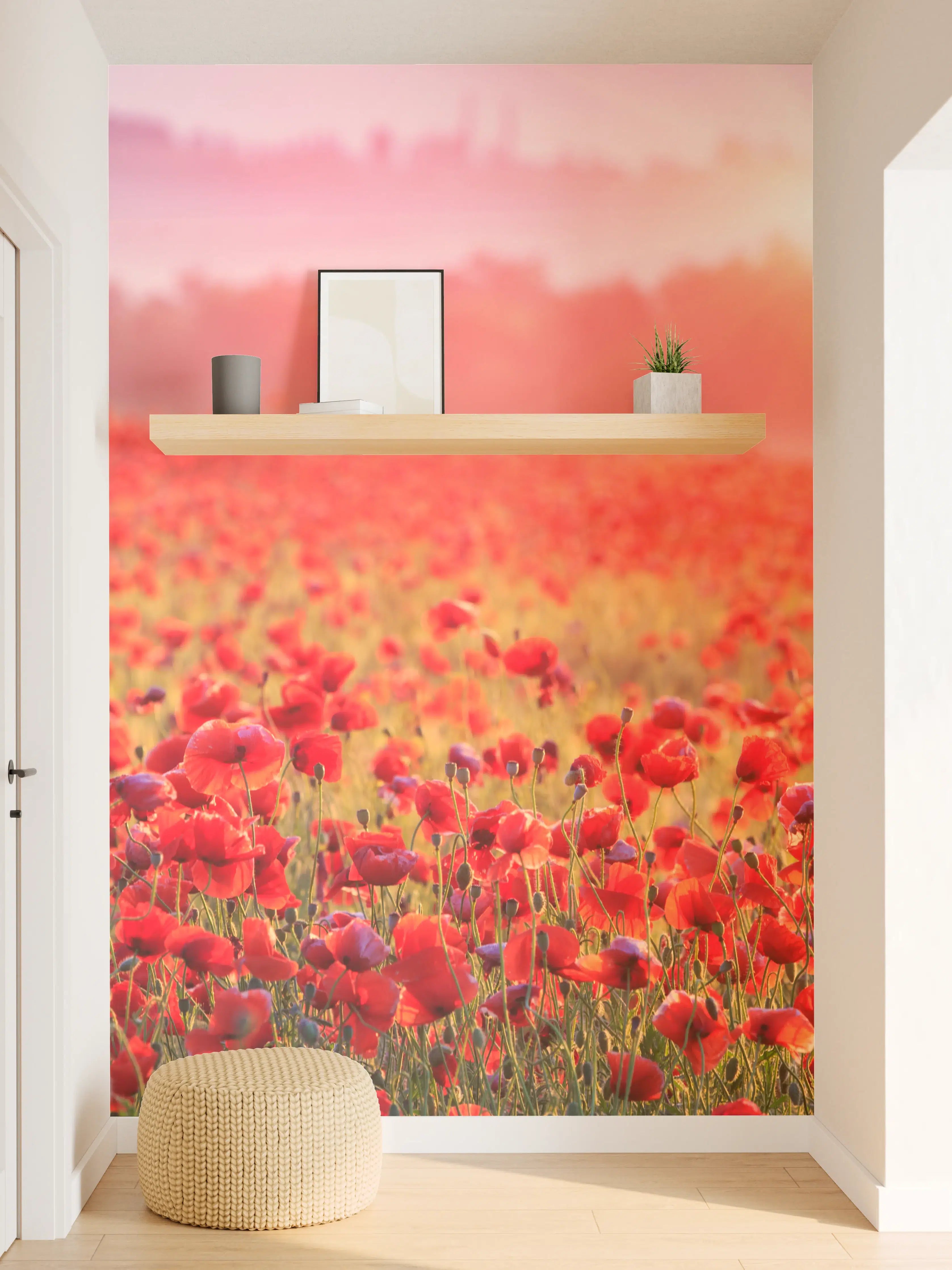 Wandverkleidung Flur - Blühendes Mohnfeld bei Sonnenaufgang