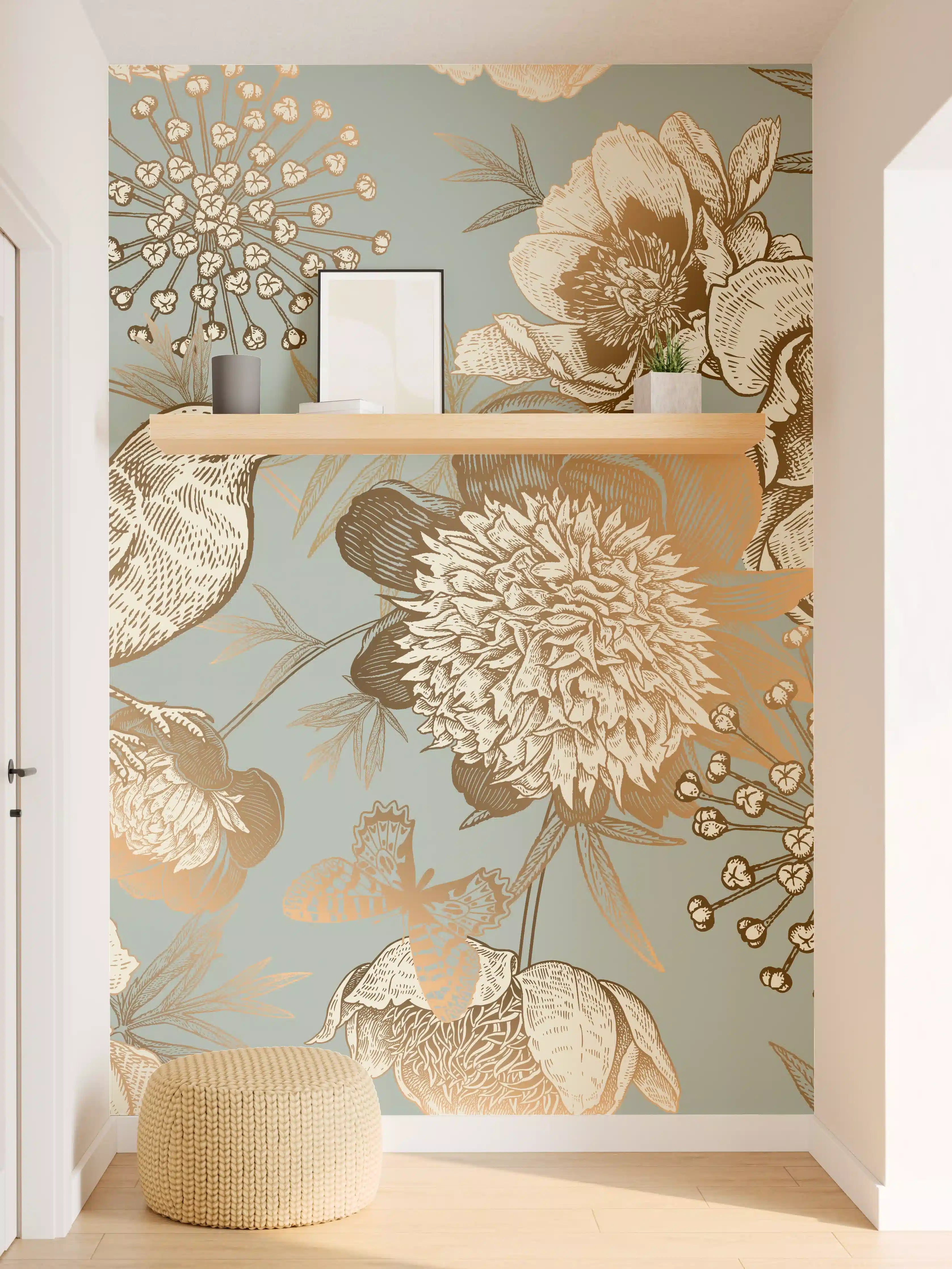 Wandverkleidung Flur - Blumen und Vogel in eleganter Gold- und Beigetönung