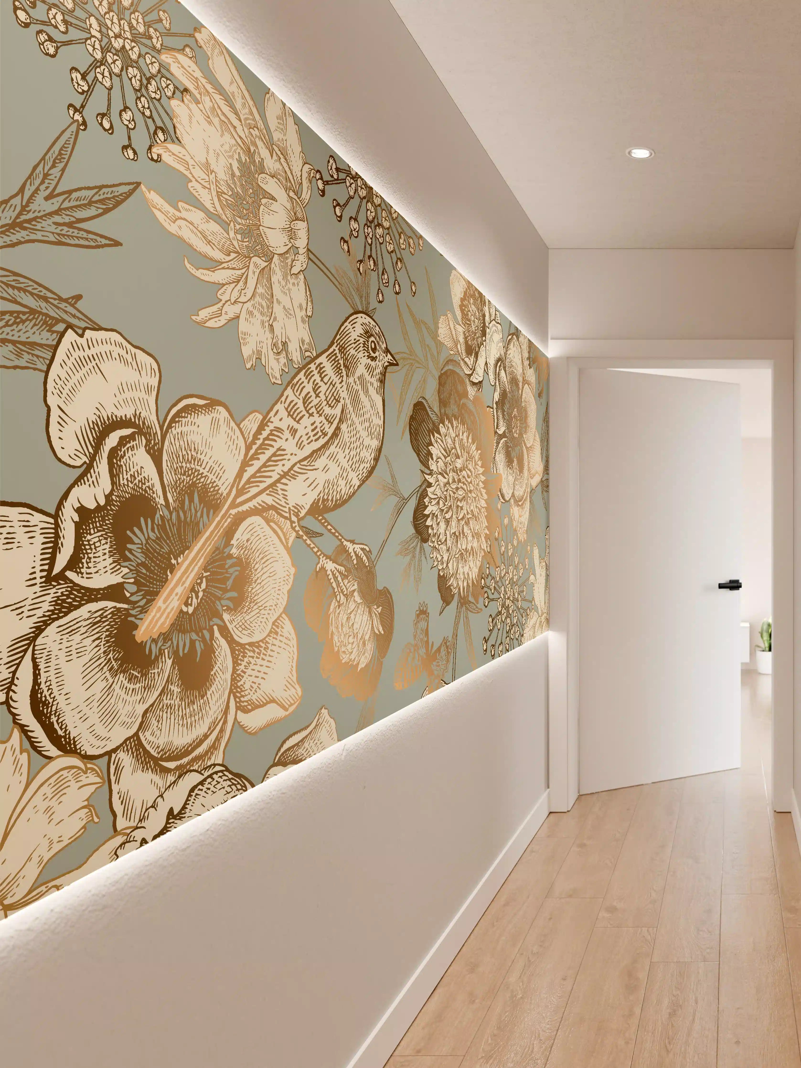 Wandverkleidung Flur - Blumen und Vogel in eleganter Gold- und Beigetönung