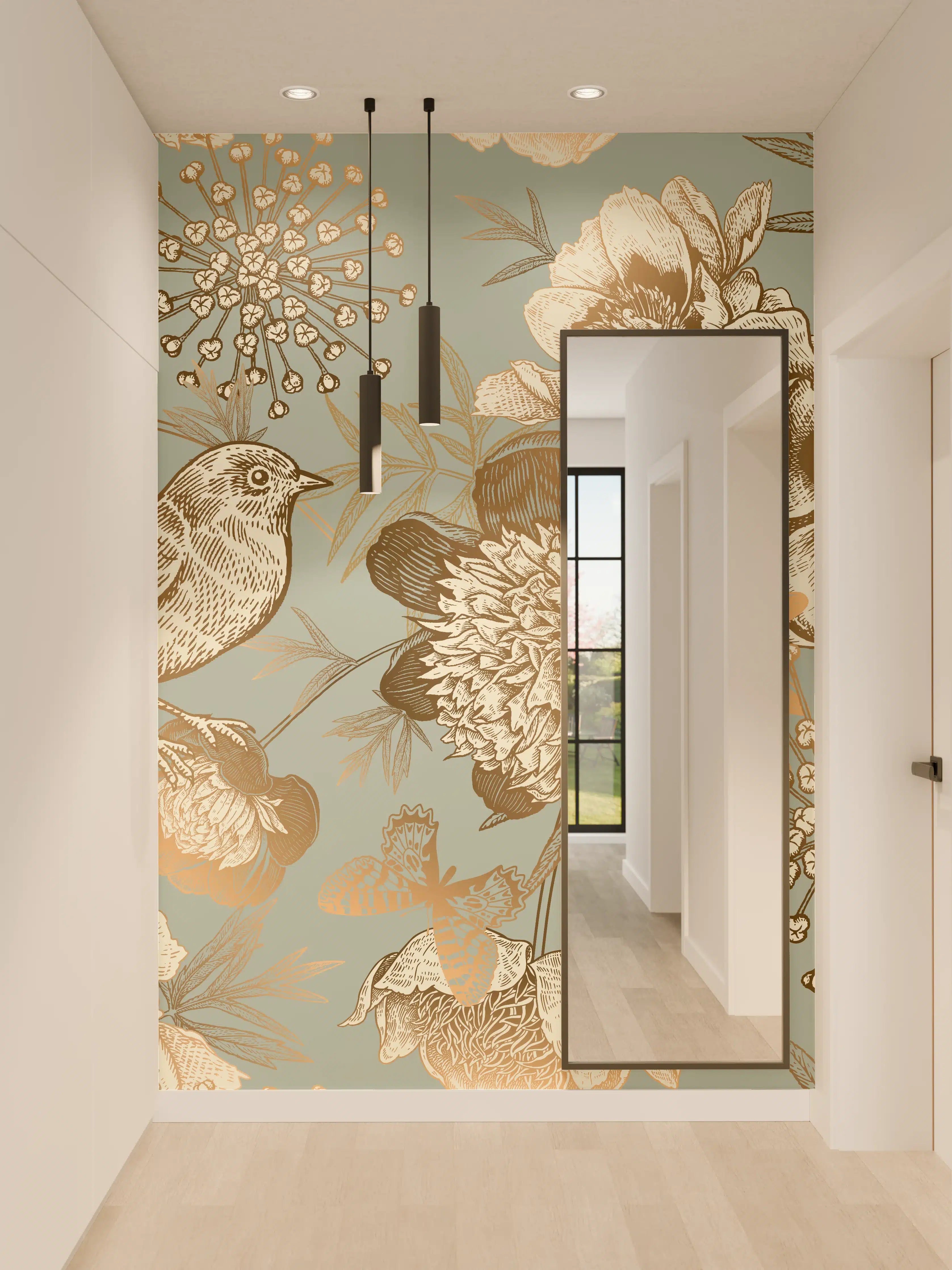 Wandverkleidung Flur - Blumen und Vogel in eleganter Gold- und Beigetönung