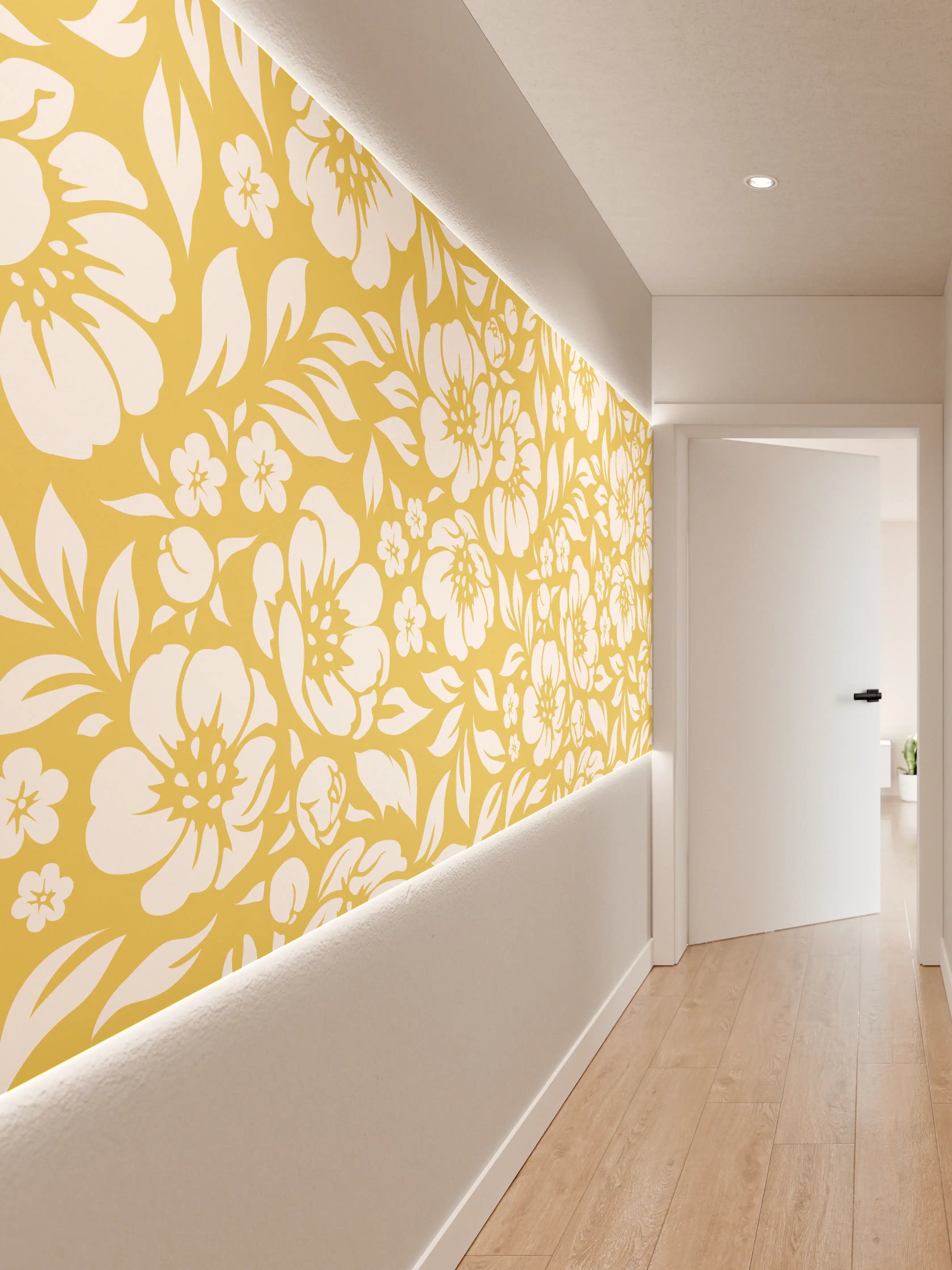 Wandverkleidung Flur - Blumendesign in Gold auf Weiß