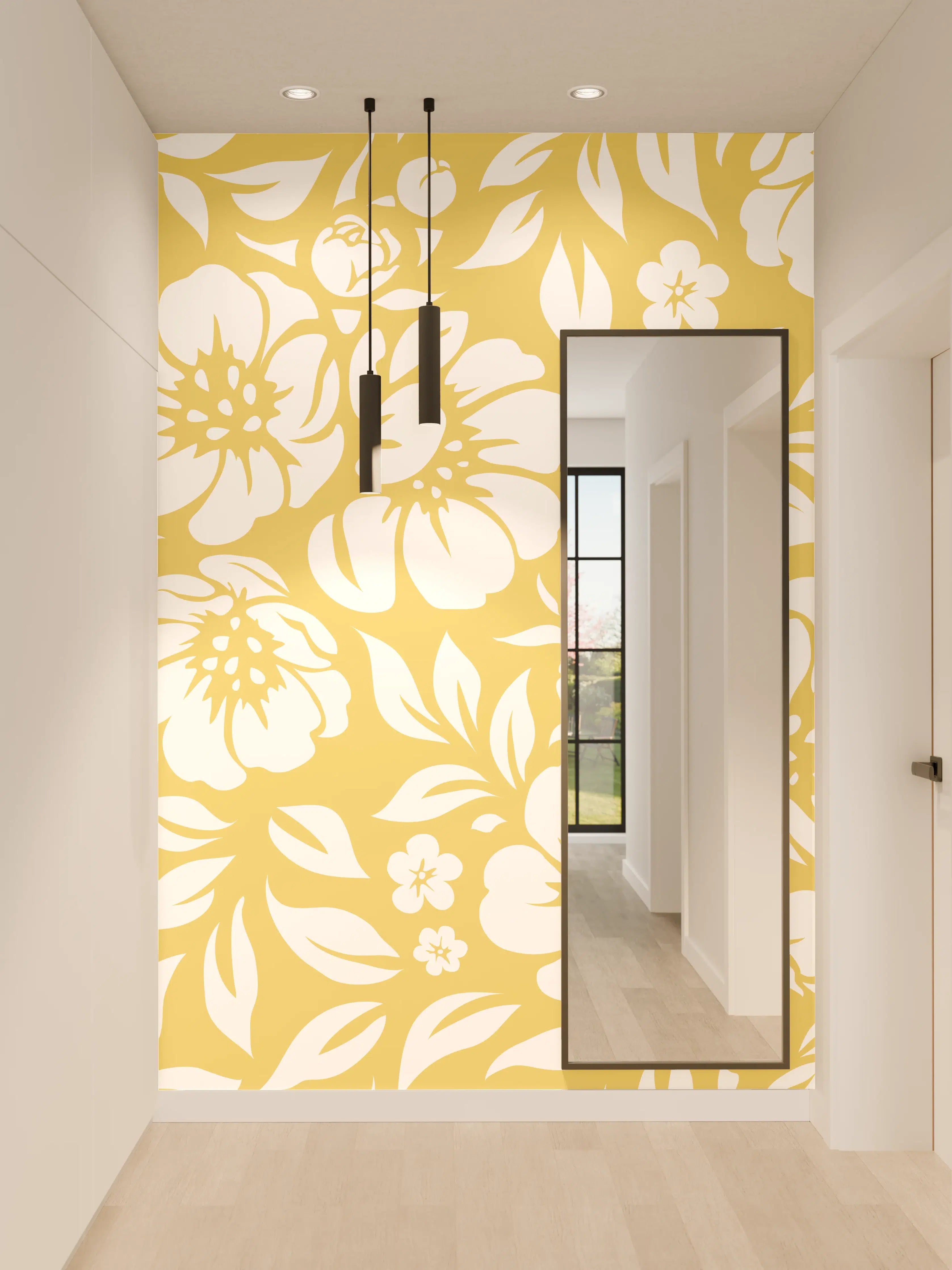 Wandverkleidung Flur - Blumendesign in Gold auf Weiß