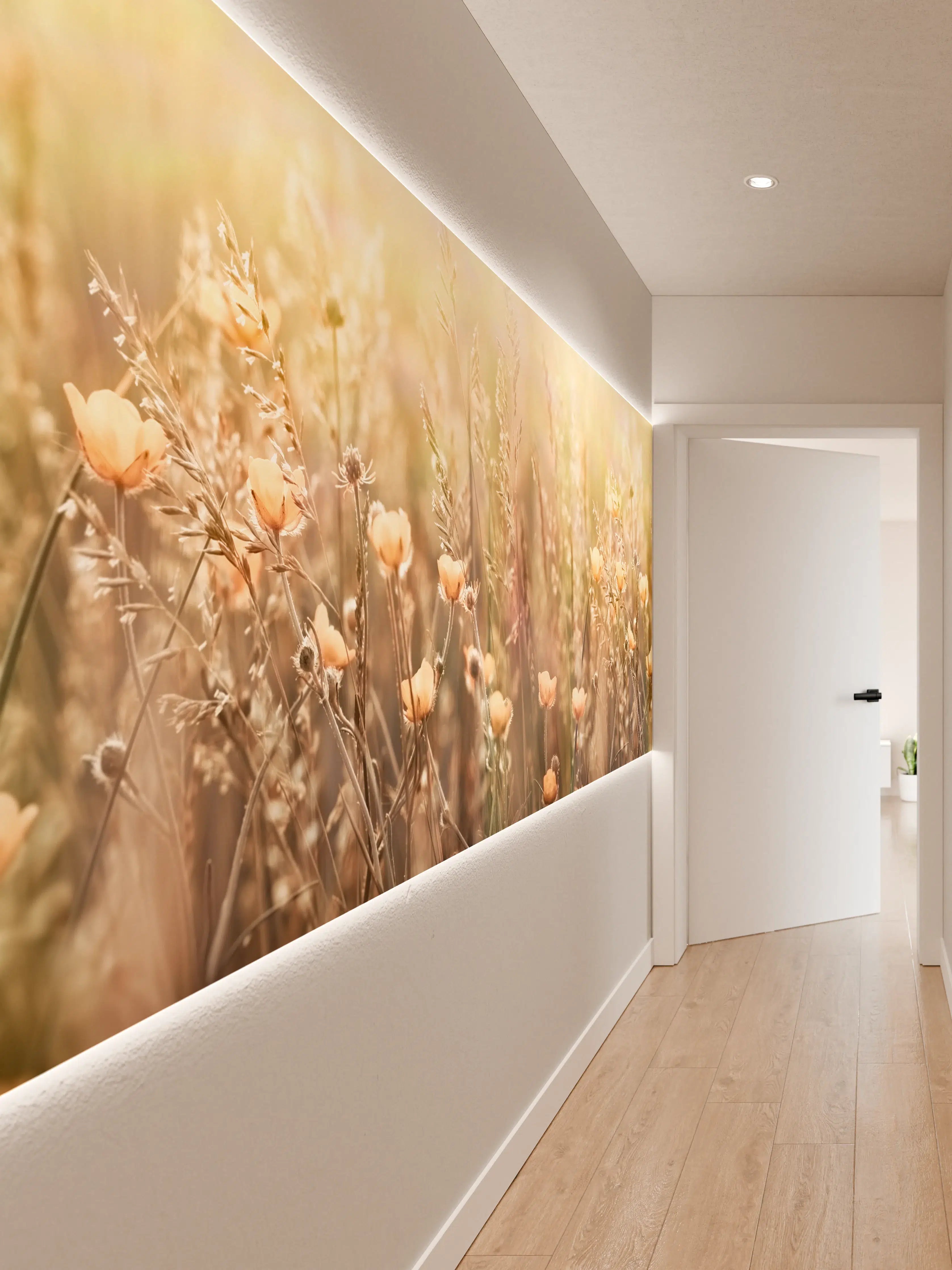 Wandverkleidung Flur - Blumenfeld mit Sonnenstrahlen