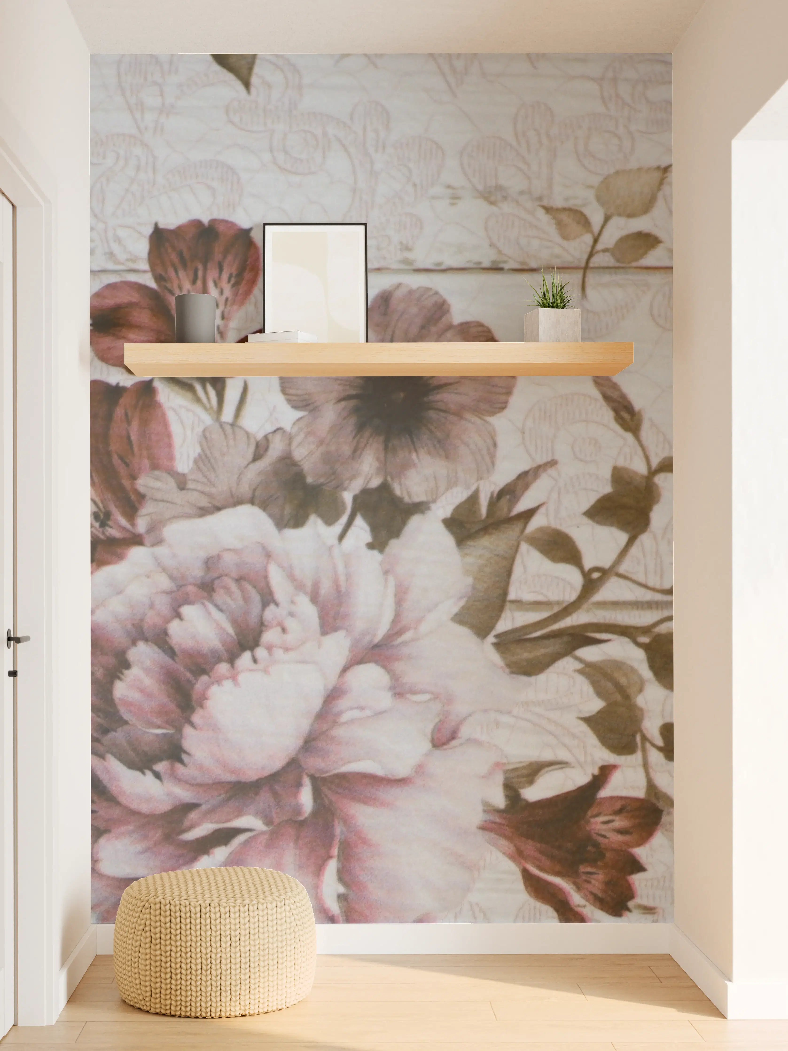 Wandverkleidung Flur - Blumenmuster auf Holzoptik