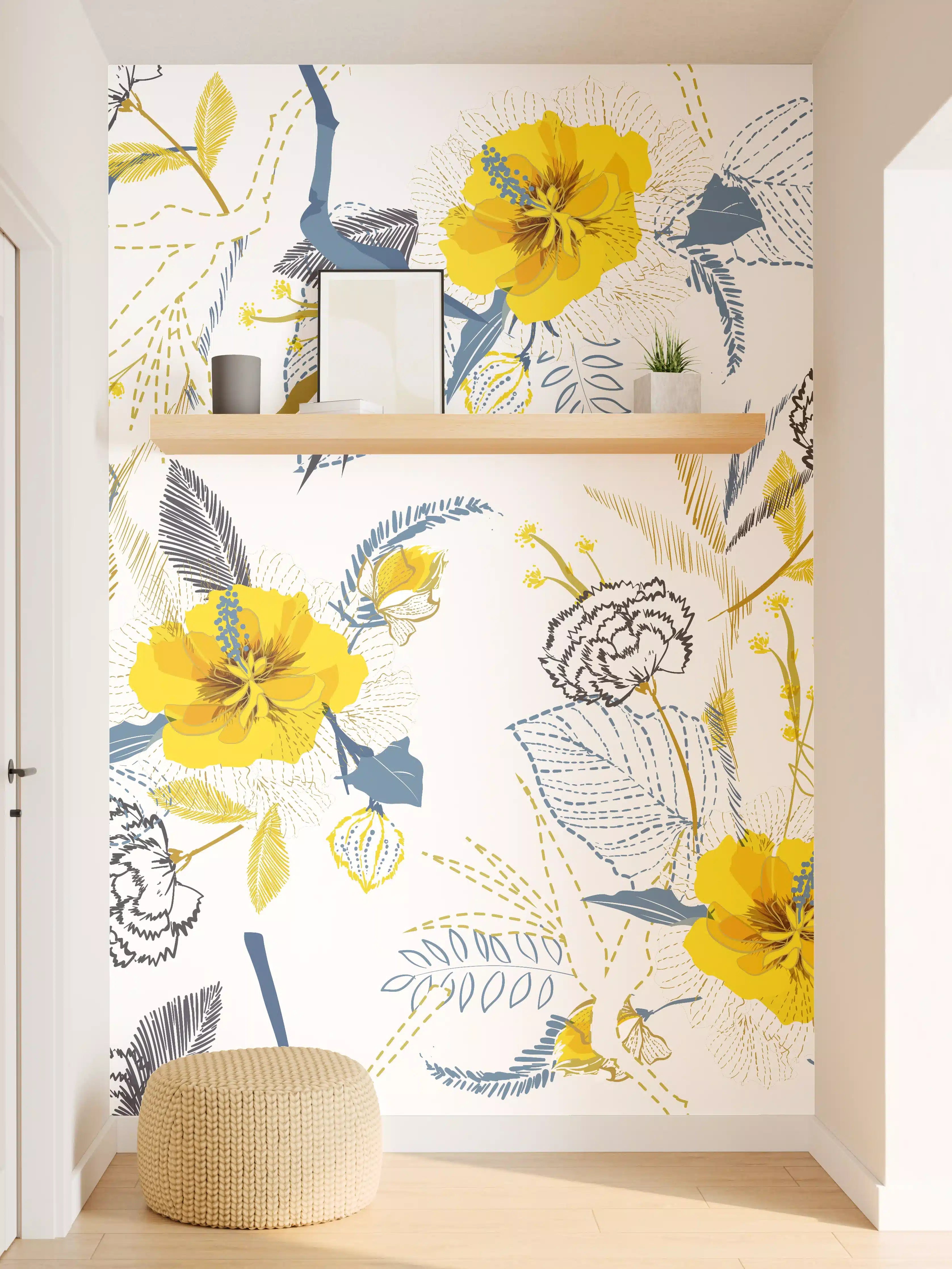 Wandverkleidung Flur - Blumenmuster mit Gelb- und Blautönen