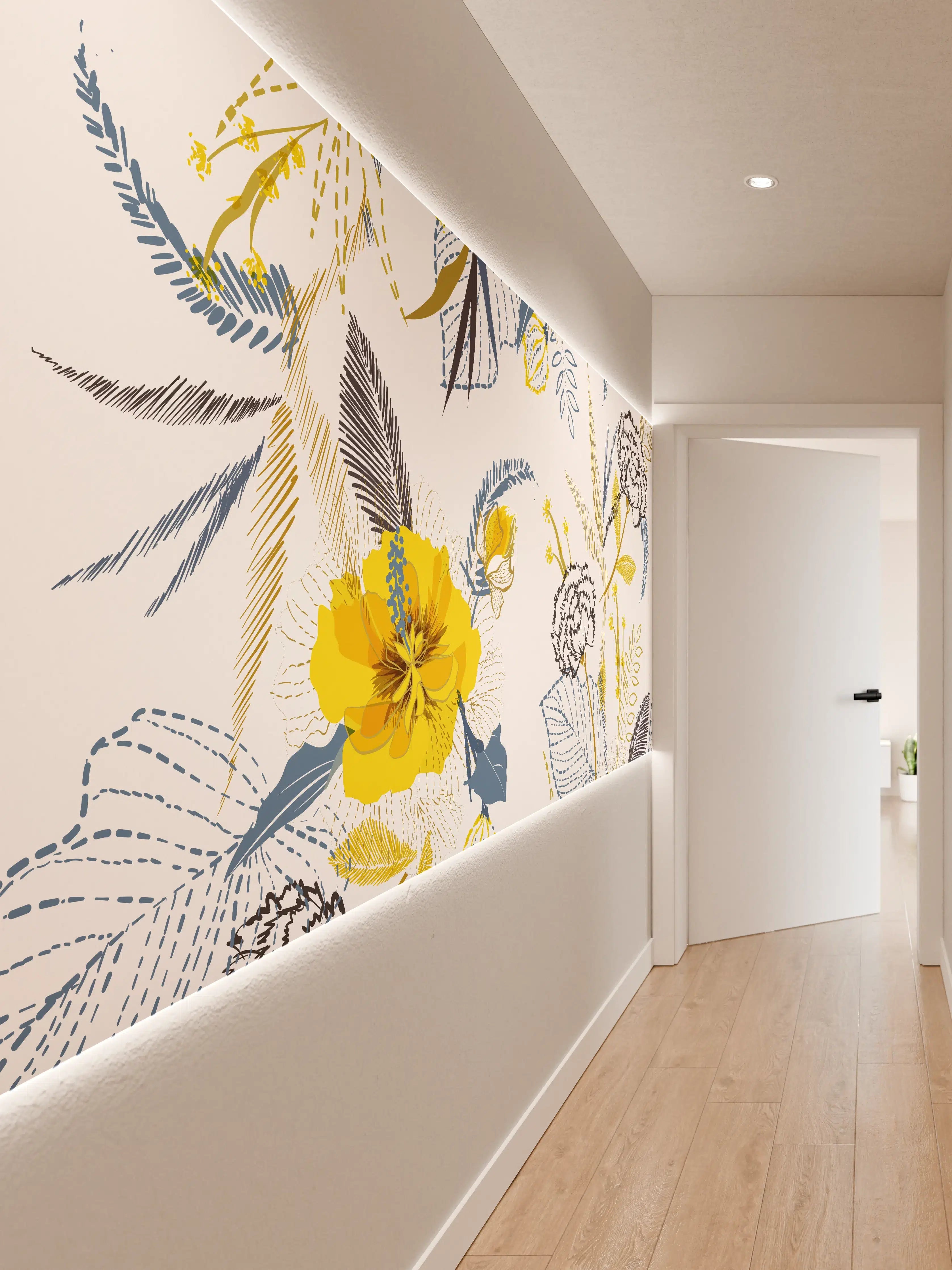 Wandverkleidung Flur - Blumenmuster mit Gelb- und Blautönen