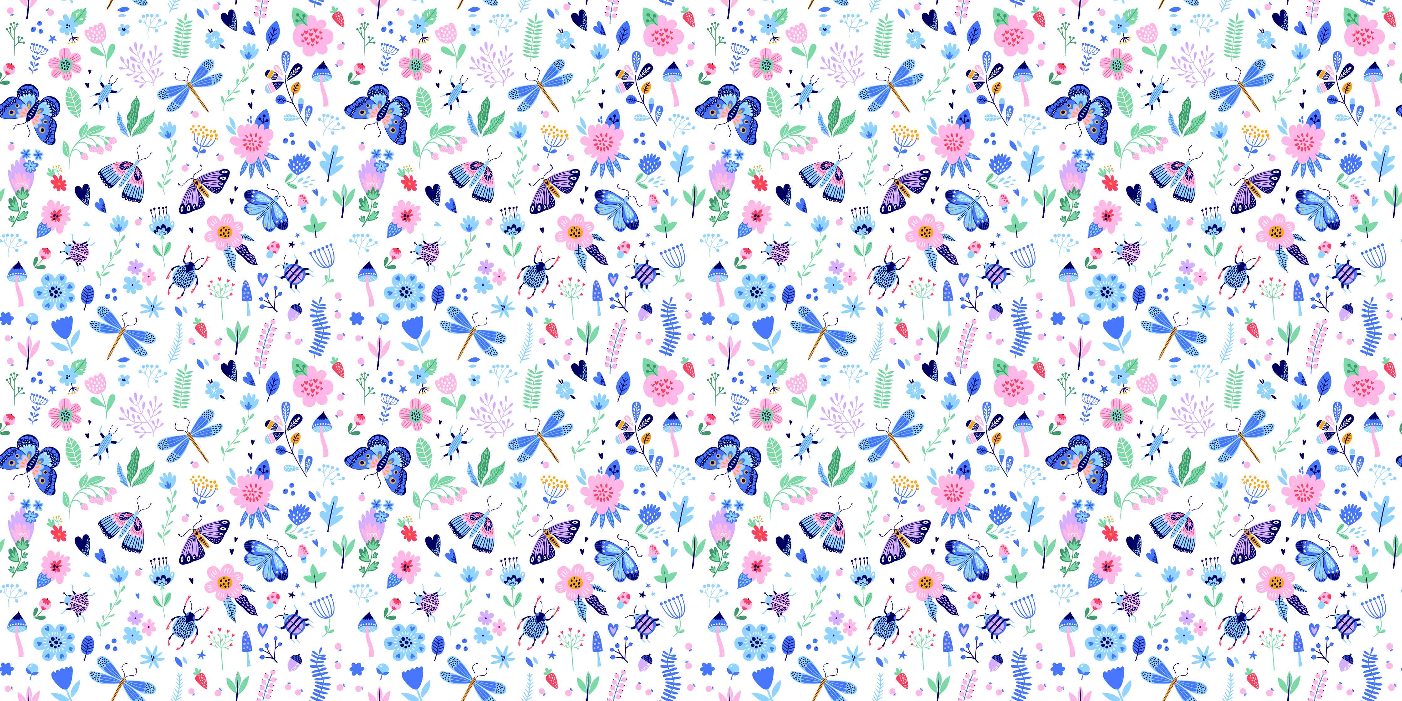 Wandverkleidung Flur-Blumenmuster mit Schmetterlingen auf weißem Hintergrund