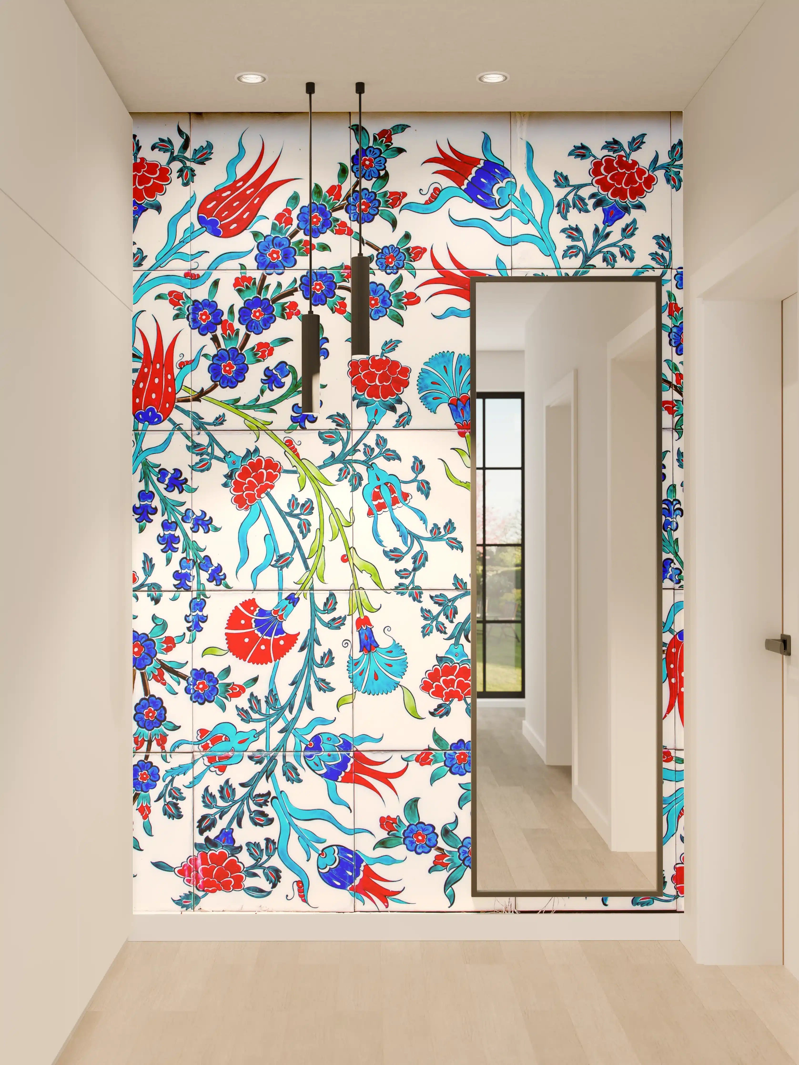 Wandverkleidung Flur - Blumenmuster mit blauen, roten und grünen Akzenten