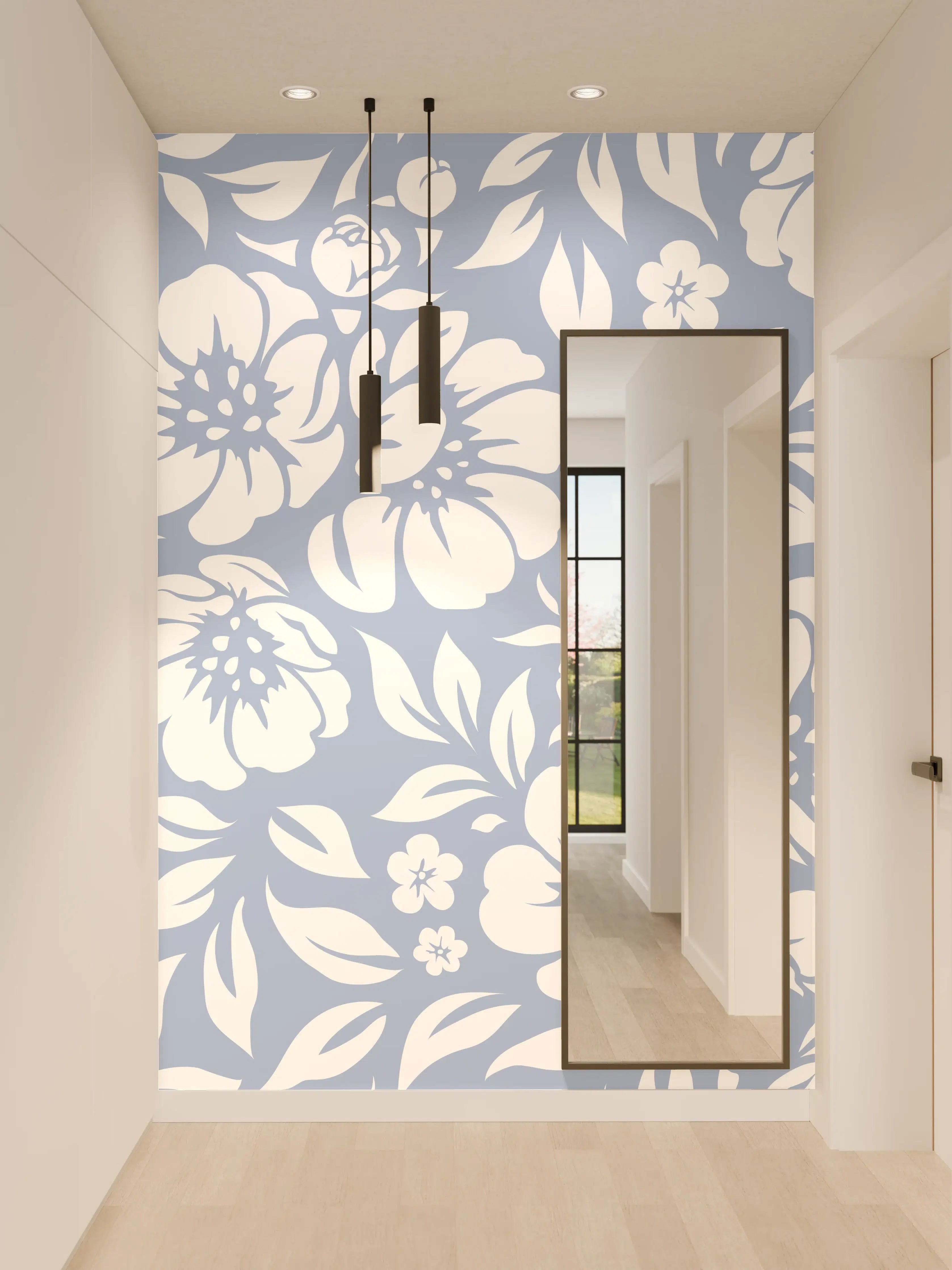 Wandverkleidung Flur - Blumenmuster mit sanften Blau- und Weißtönen