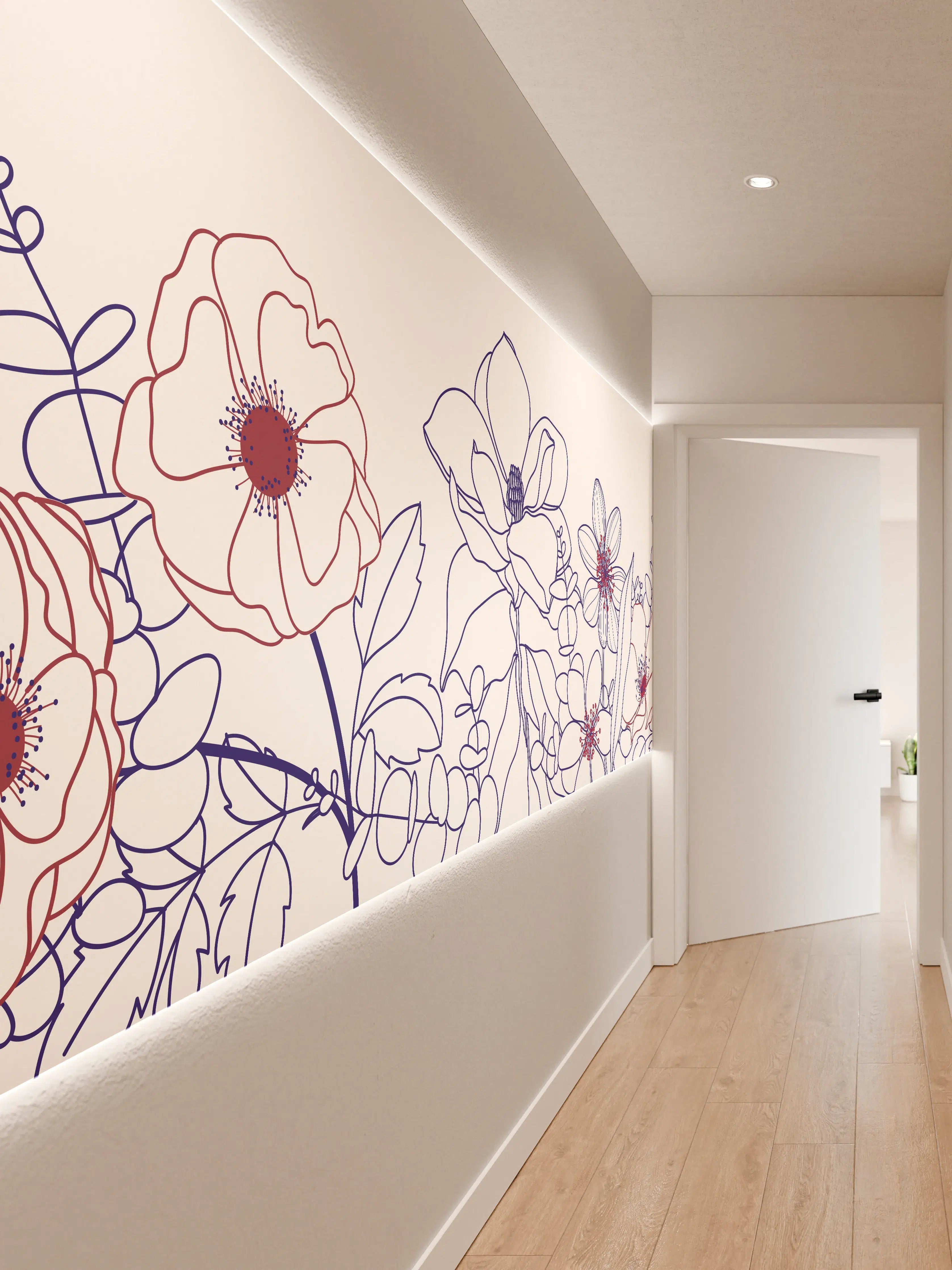 Wandverkleidung Flur - Blumenstrauß Linienzeichnung Wanddekor