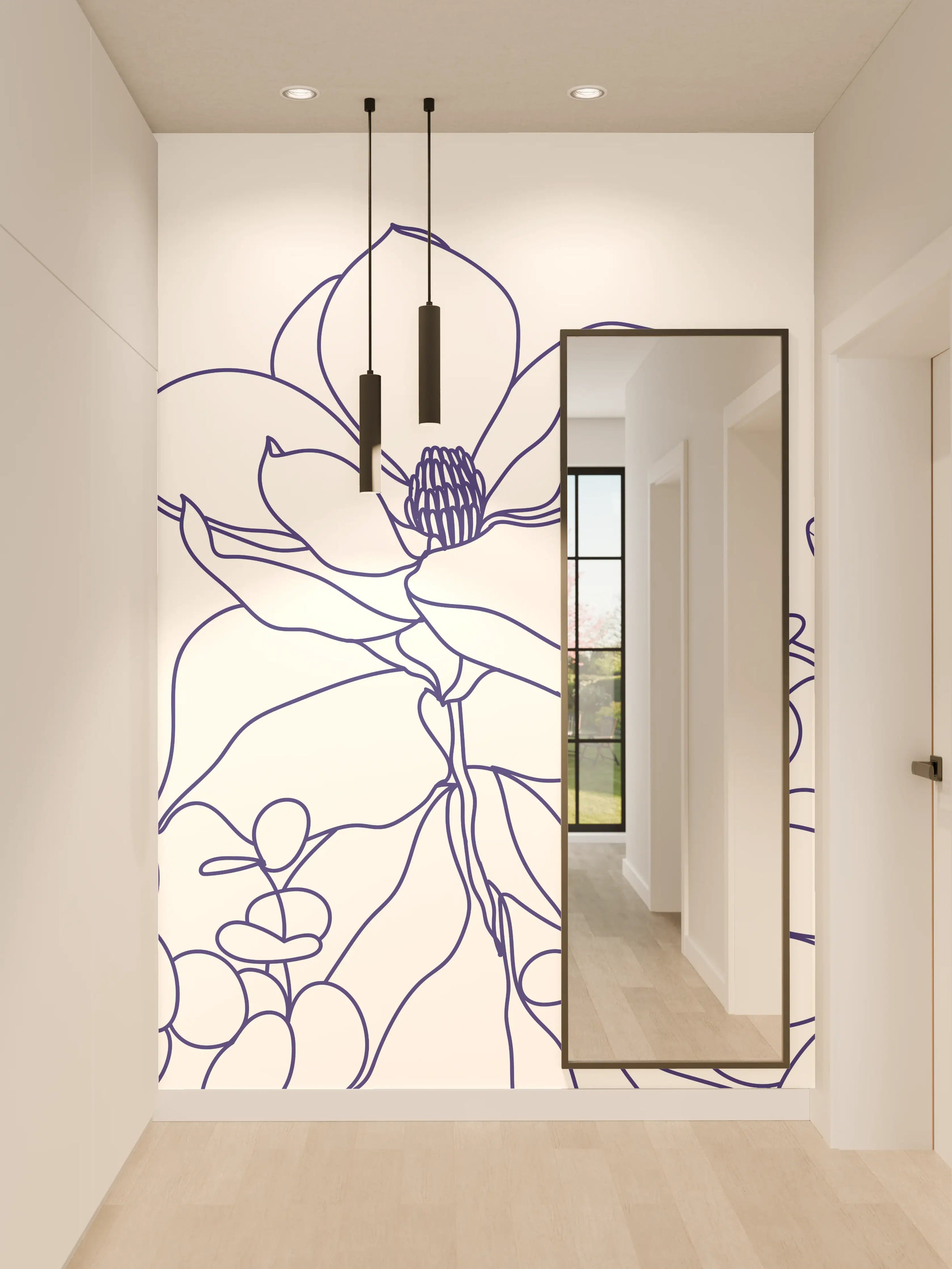 Wandverkleidung Flur - Blumenstrauß Linienzeichnung Wanddekor