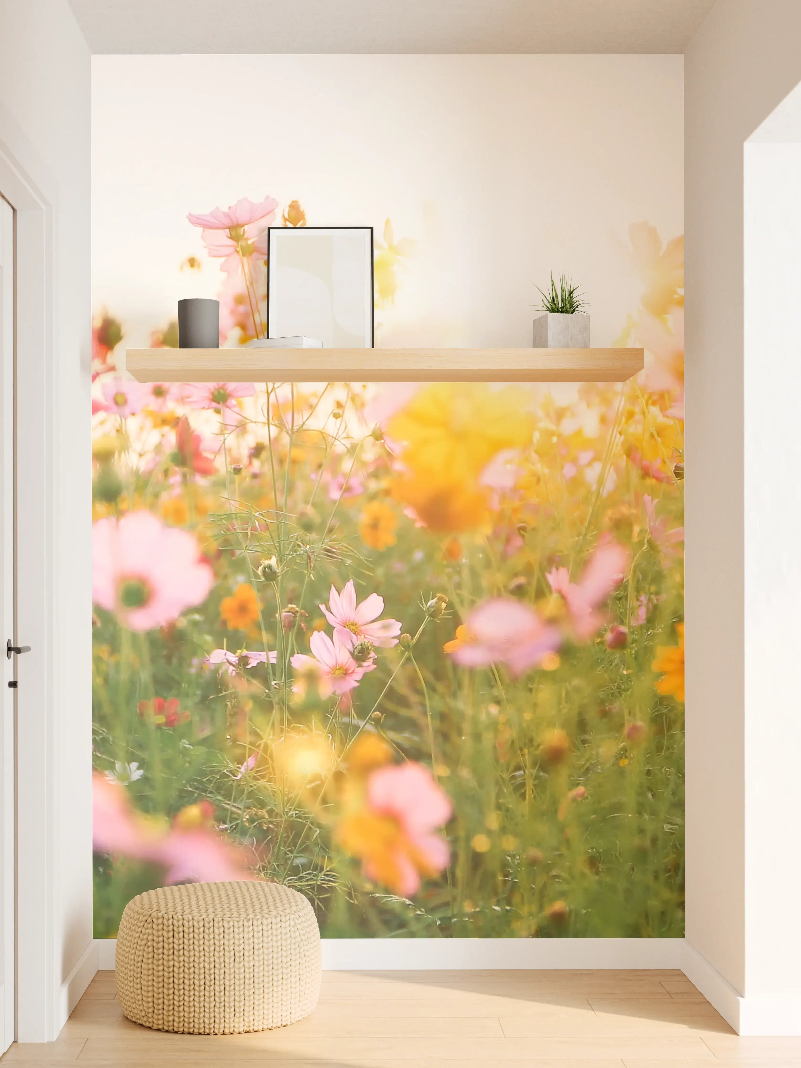 Wandverkleidung Flur - Blumige Wiese bei Sonnenaufgang