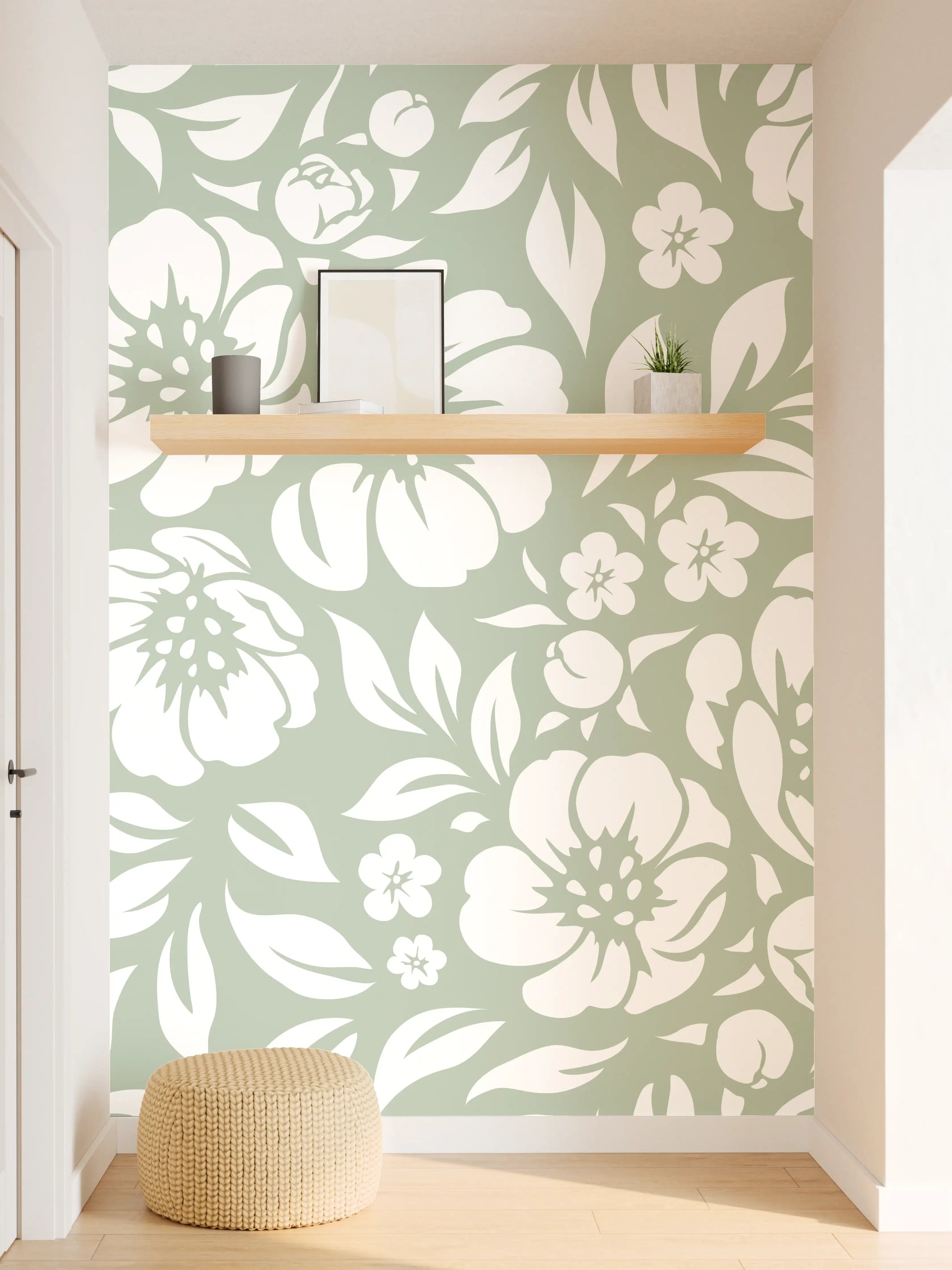 Wandverkleidung Flur - Blumiges Muster in Grau- und Beigetönen