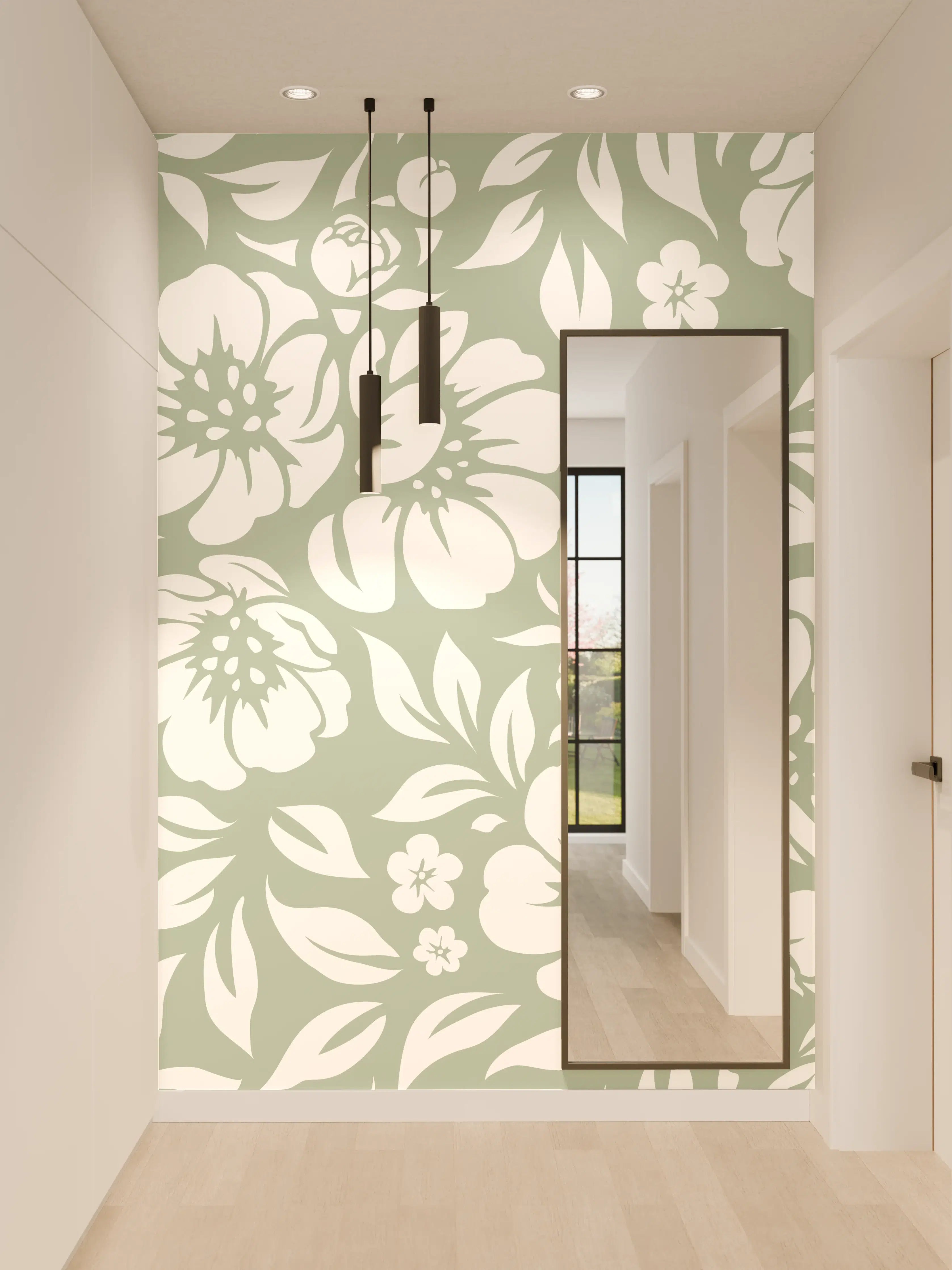 Wandverkleidung Flur - Blumiges Muster in Grau- und Beigetönen