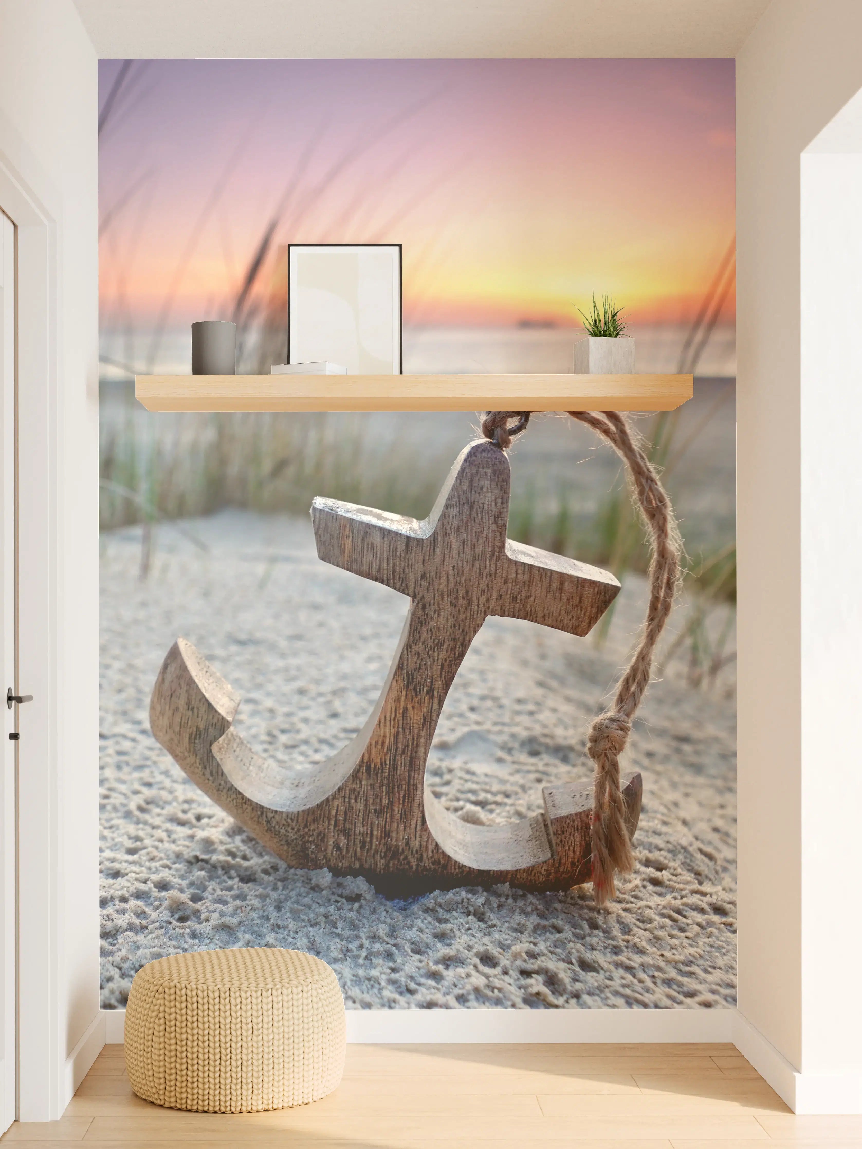Wandverkleidung Flur - Bootsanker am Strand bei Sonnenuntergang