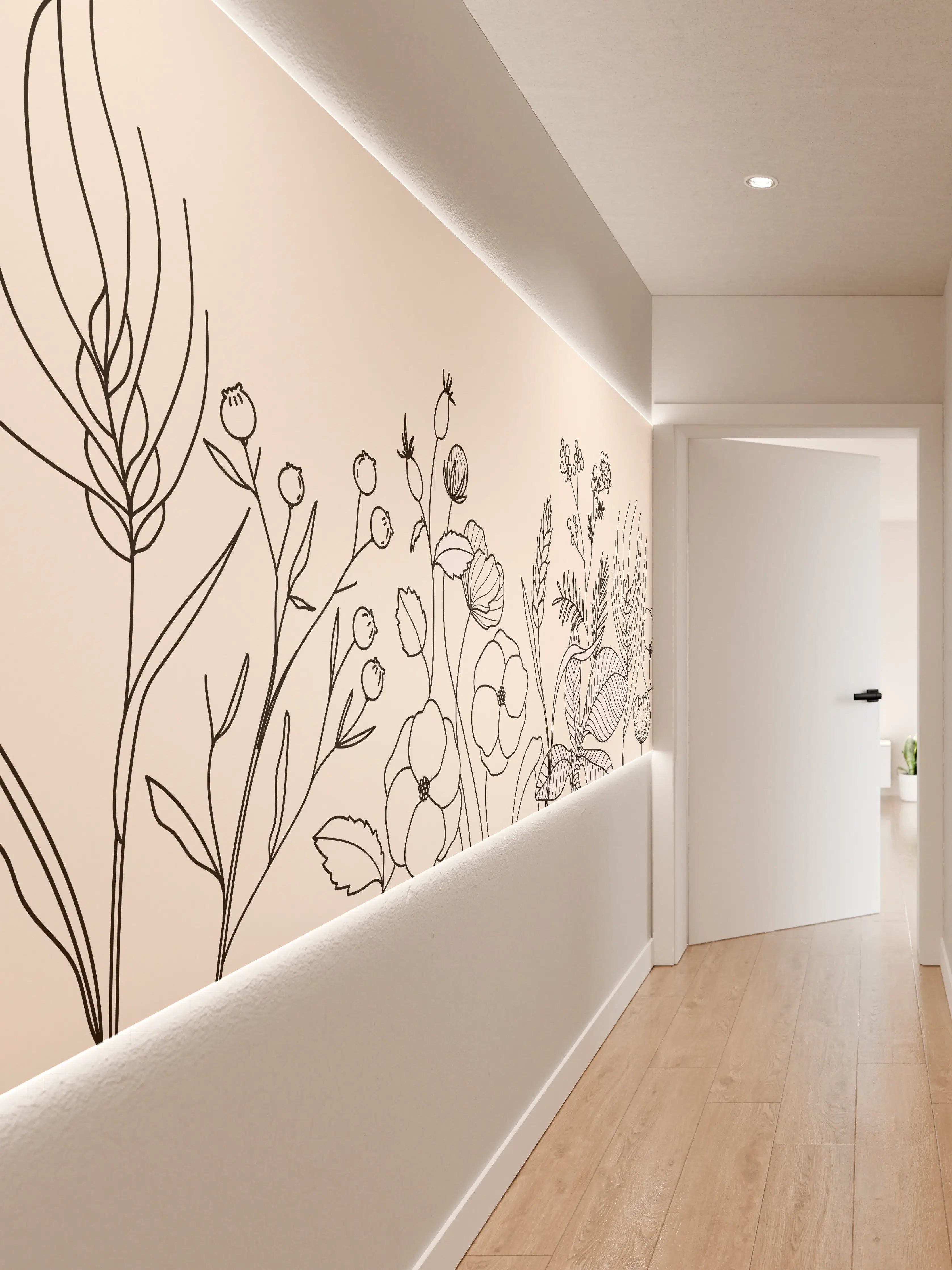 Wandverkleidung Flur - Botanische Linienzeichnung