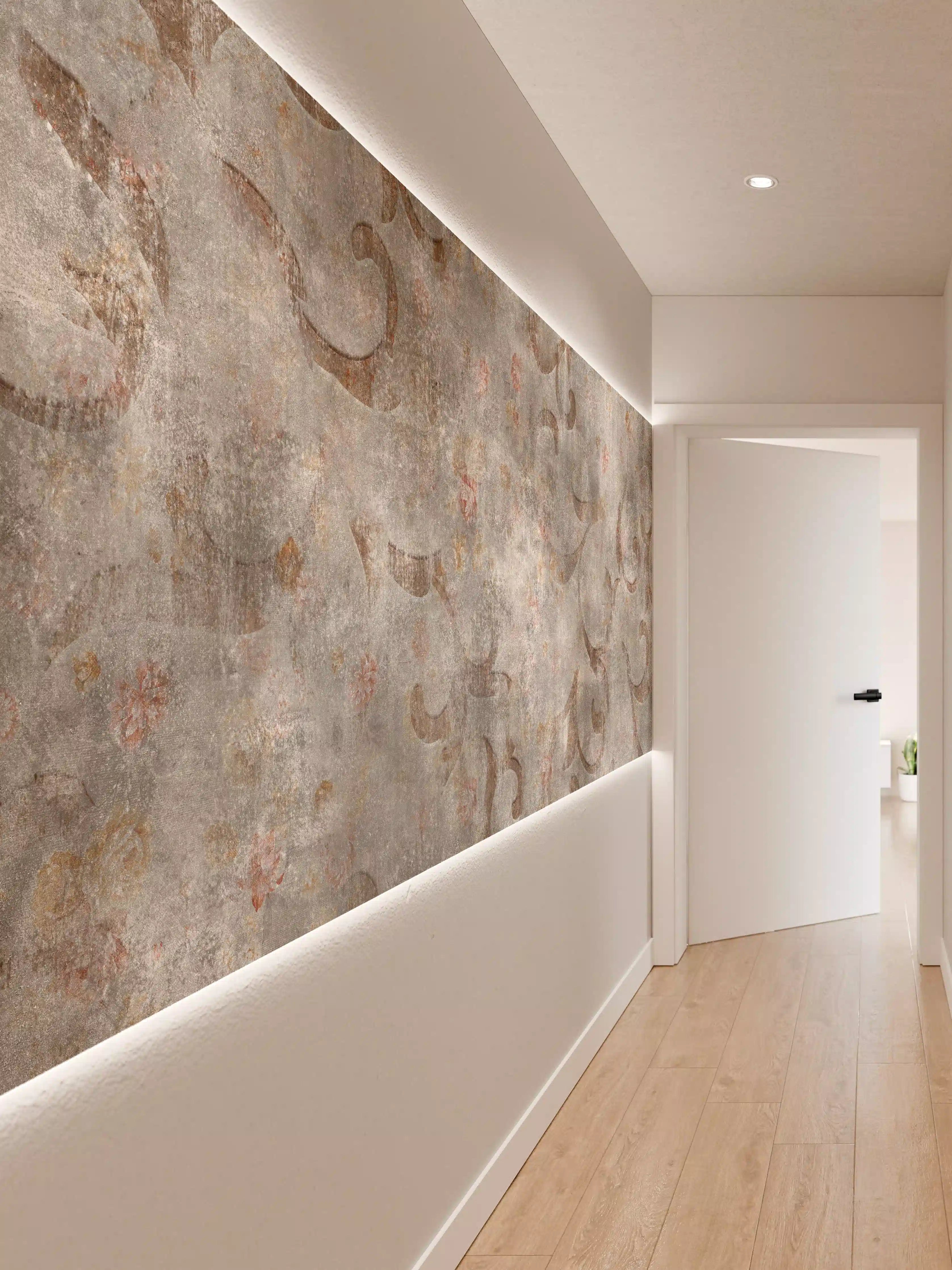 Wandverkleidung Flur - Braunes Blätter Muster auf gräulichem Zement