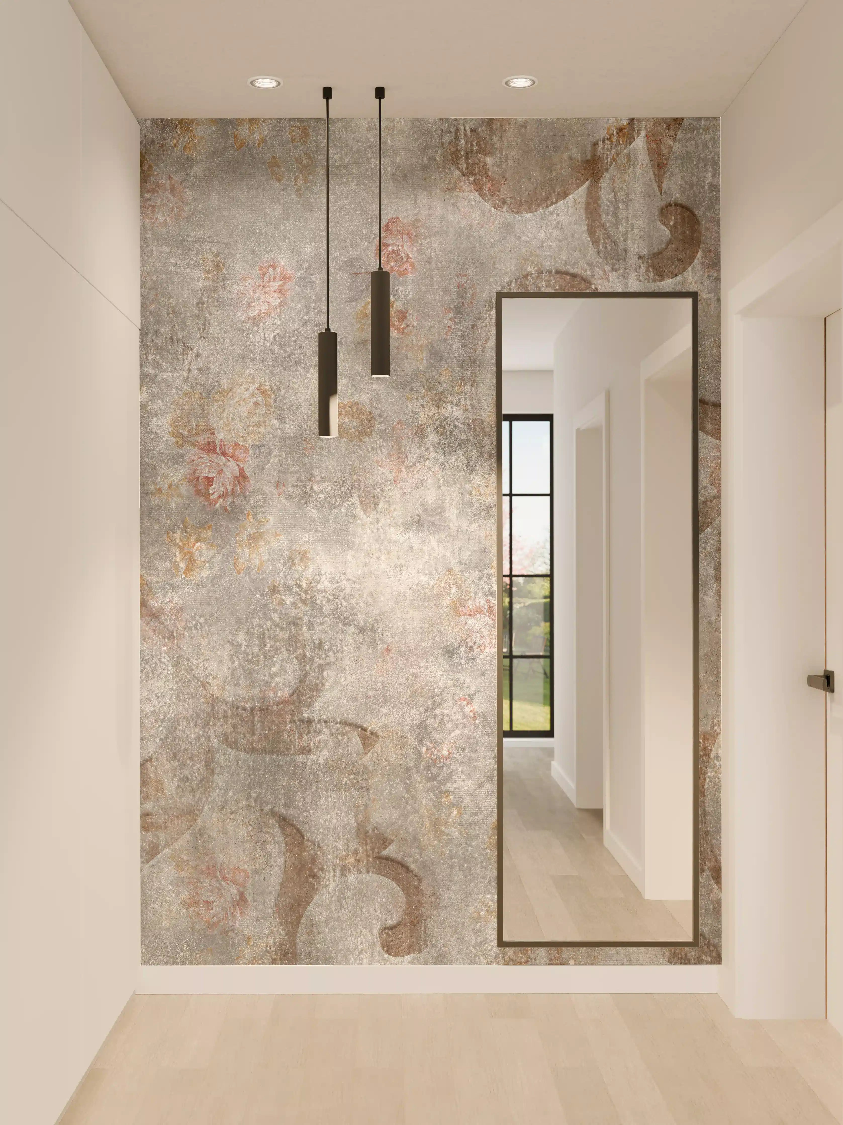 Wandverkleidung Flur - Braunes Blätter Muster auf gräulichem Zement