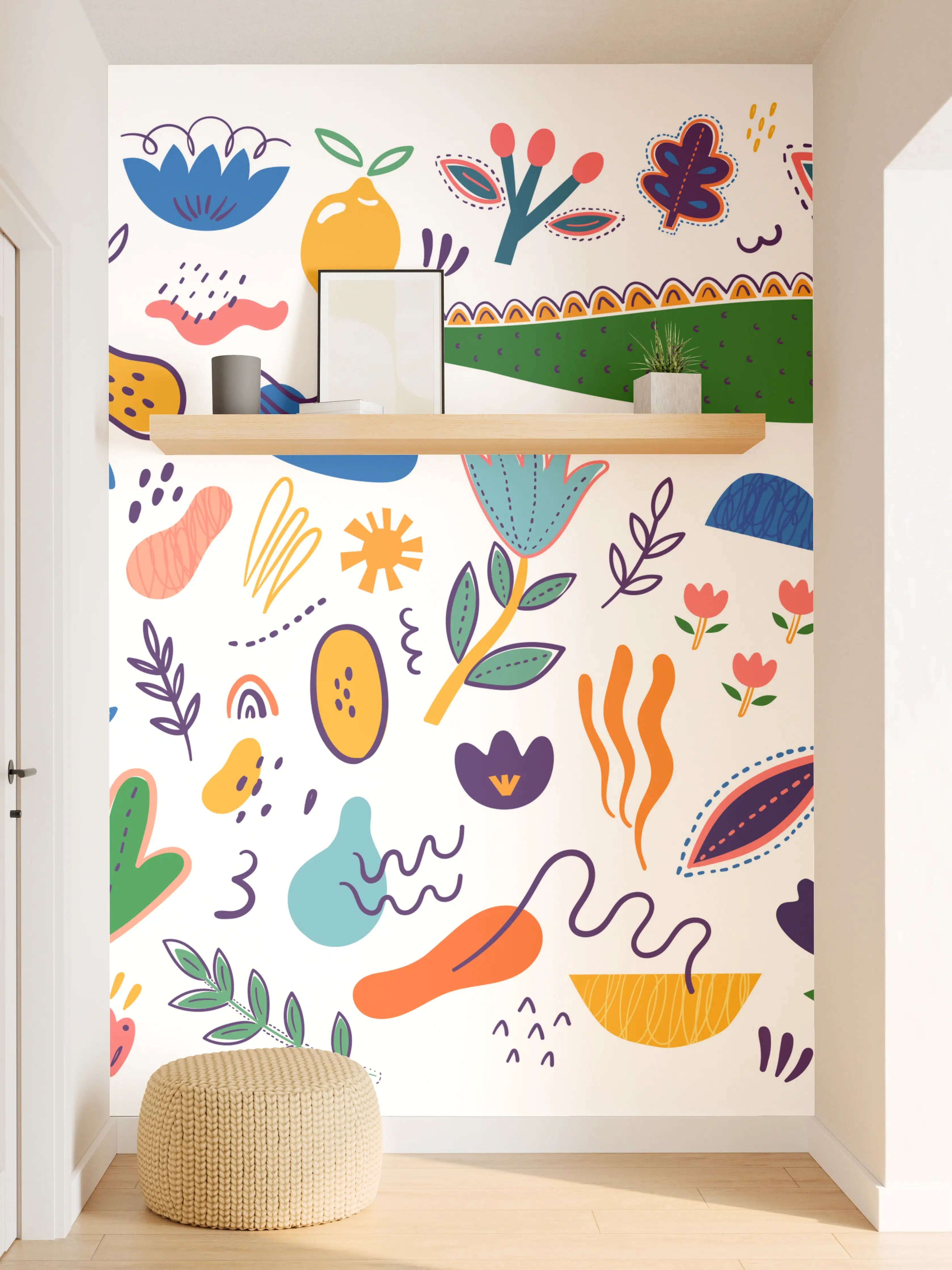 Wandverkleidung Flur - Bunte Blumen und Fantasie-Wesen im Farbenspiel