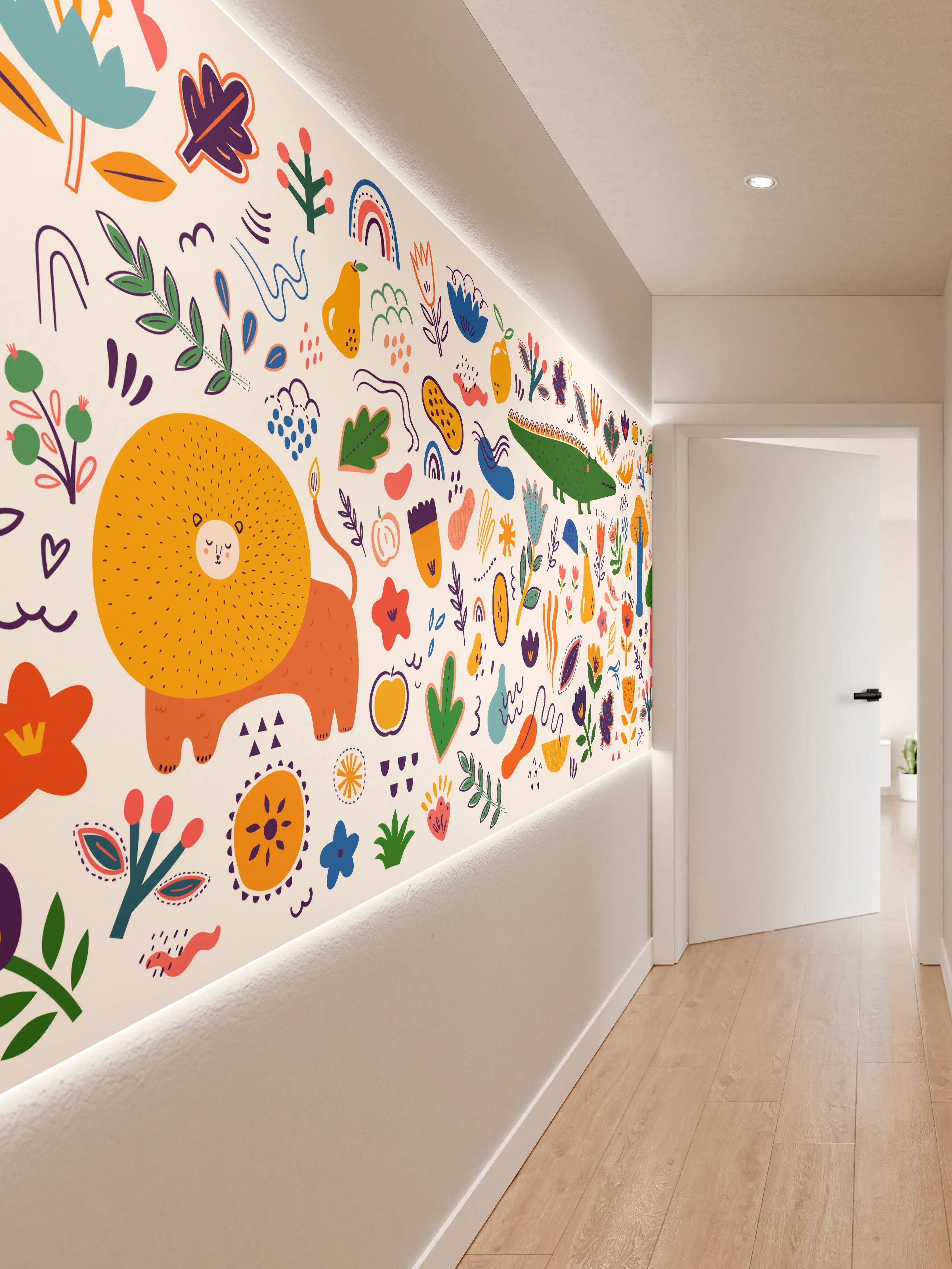 Wandverkleidung Flur - Bunte Blumen und Fantasie-Wesen im Farbenspiel