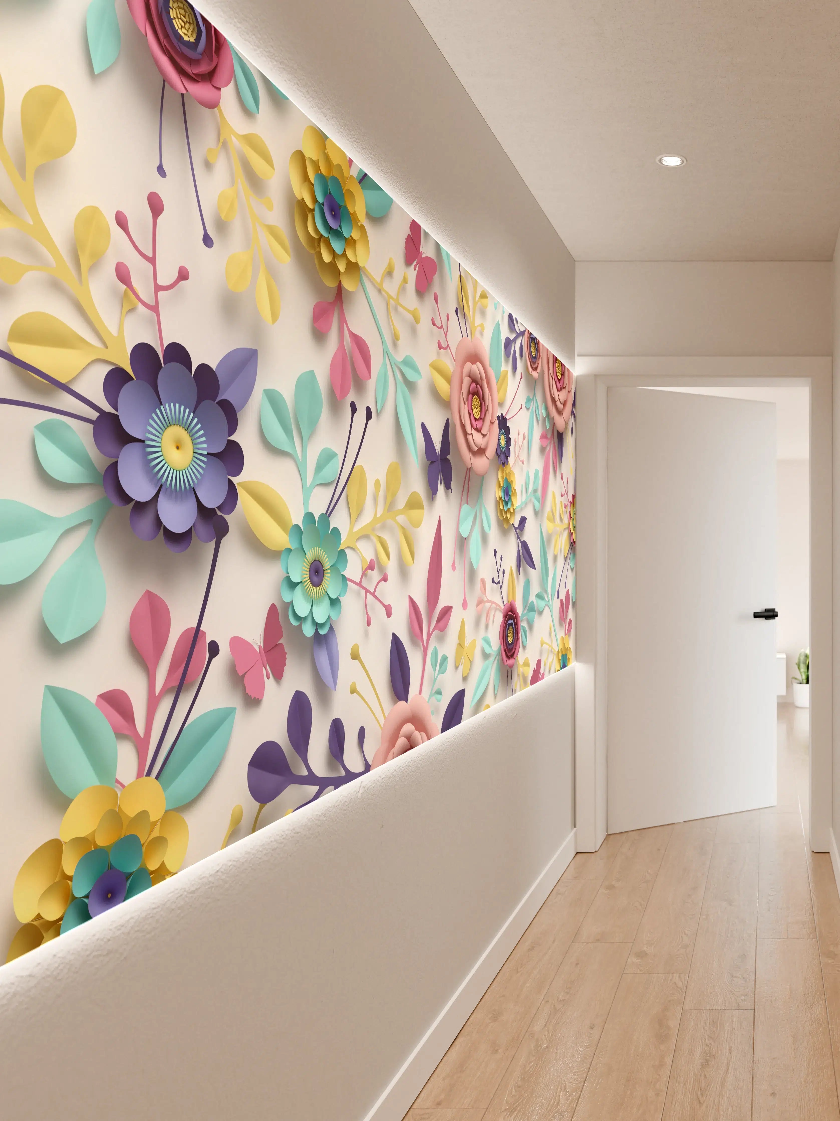 Wandverkleidung Flur - Bunte Blumen und Schmetterlinge - Frühlingshafte Dekoration