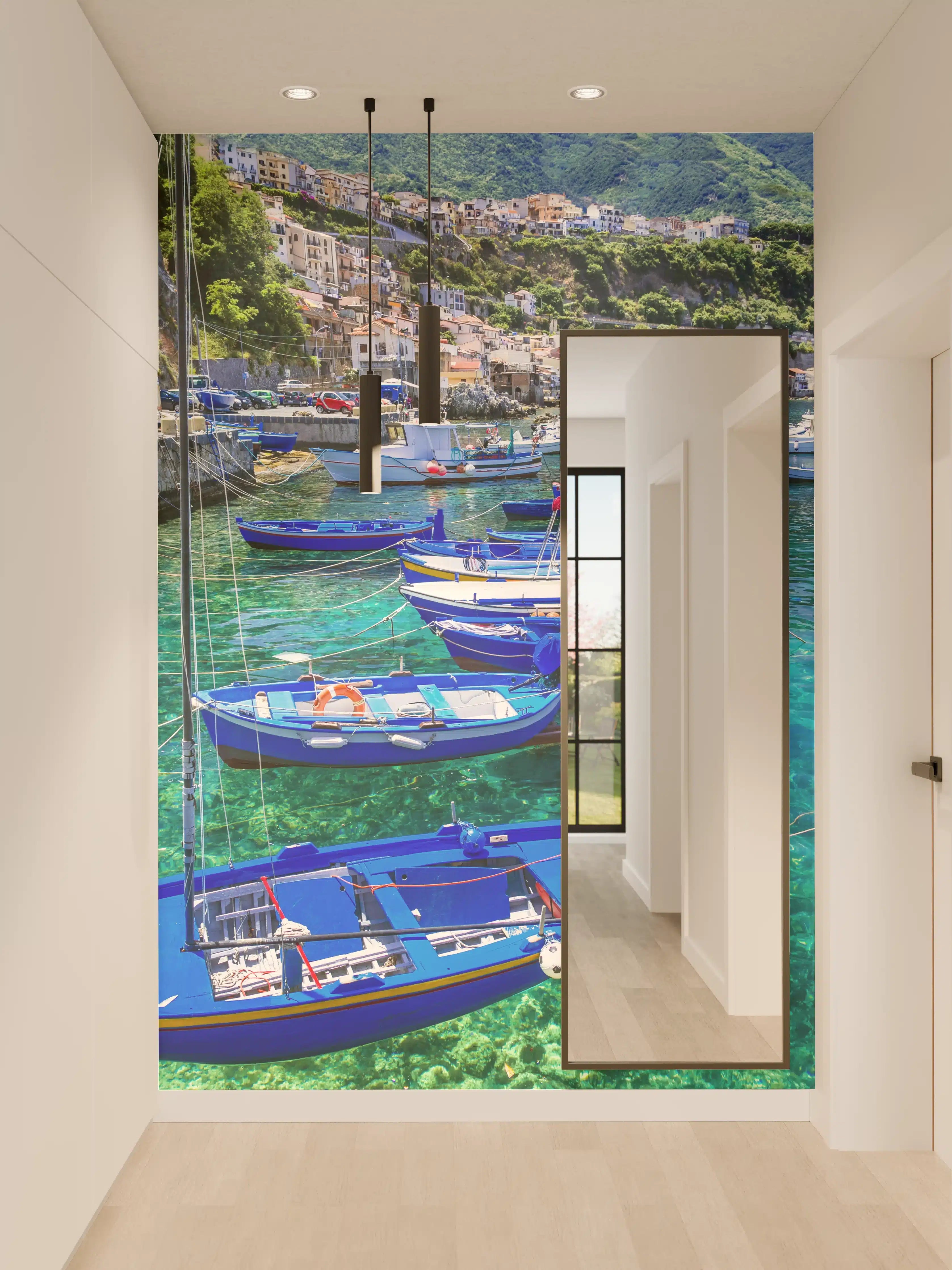 Wandverkleidung Flur - Bunte Boote vor malerischer Küstenkulisse