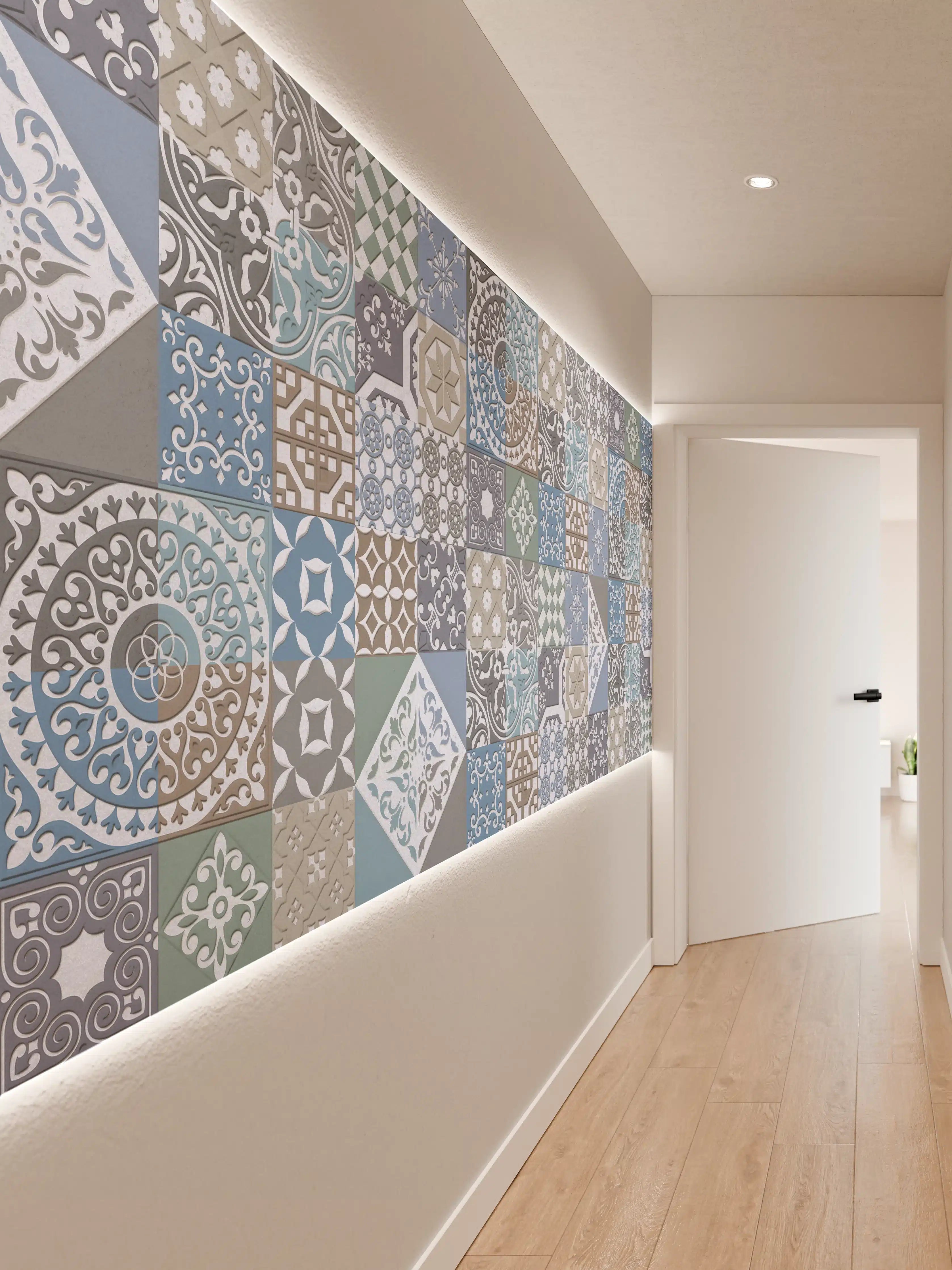 Wandverkleidung Flur - Bunte Fliesenmuster in Blau, Grau und Grün