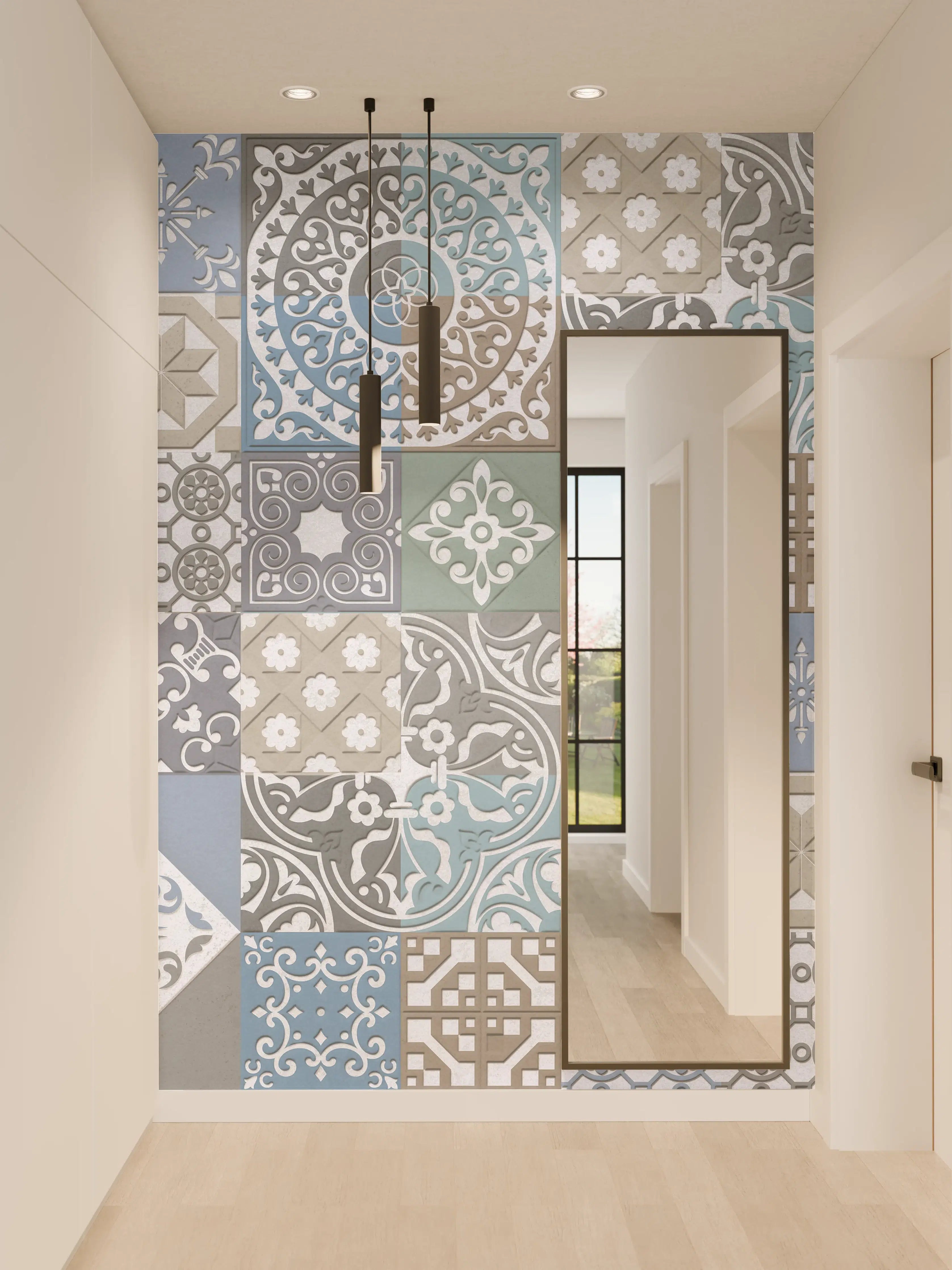 Wandverkleidung Flur - Bunte Fliesenmuster in Blau, Grau und Grün