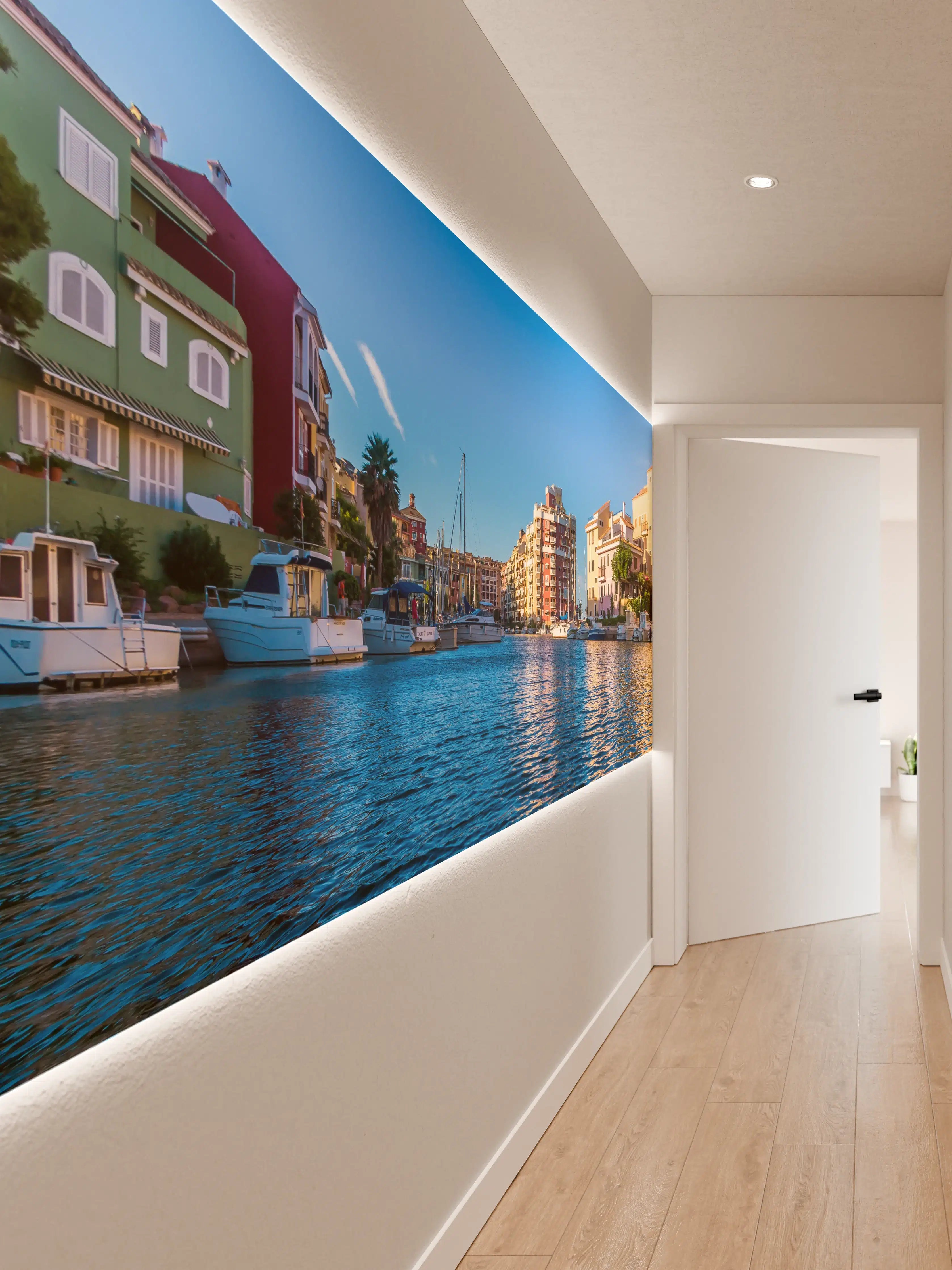 Wandverkleidung Flur - Bunte Hafenpromenade bei Sonnenaufgang