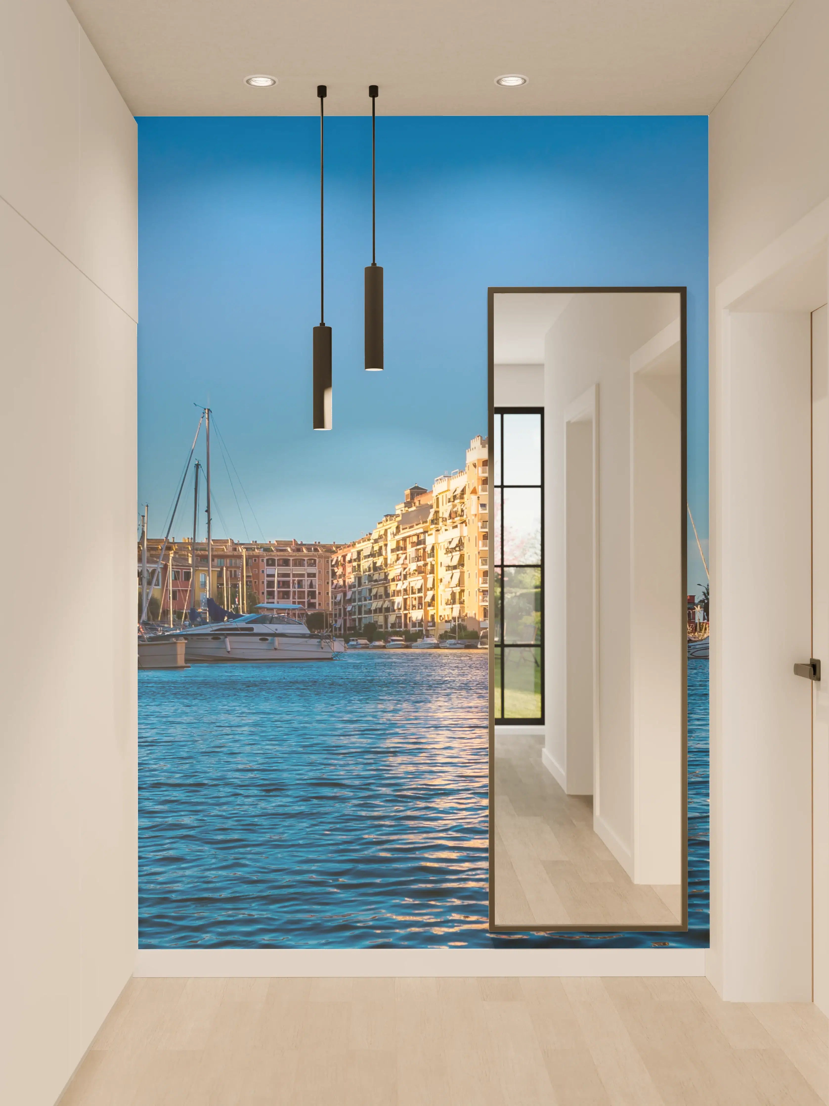 Wandverkleidung Flur - Bunte Hafenpromenade bei Sonnenaufgang