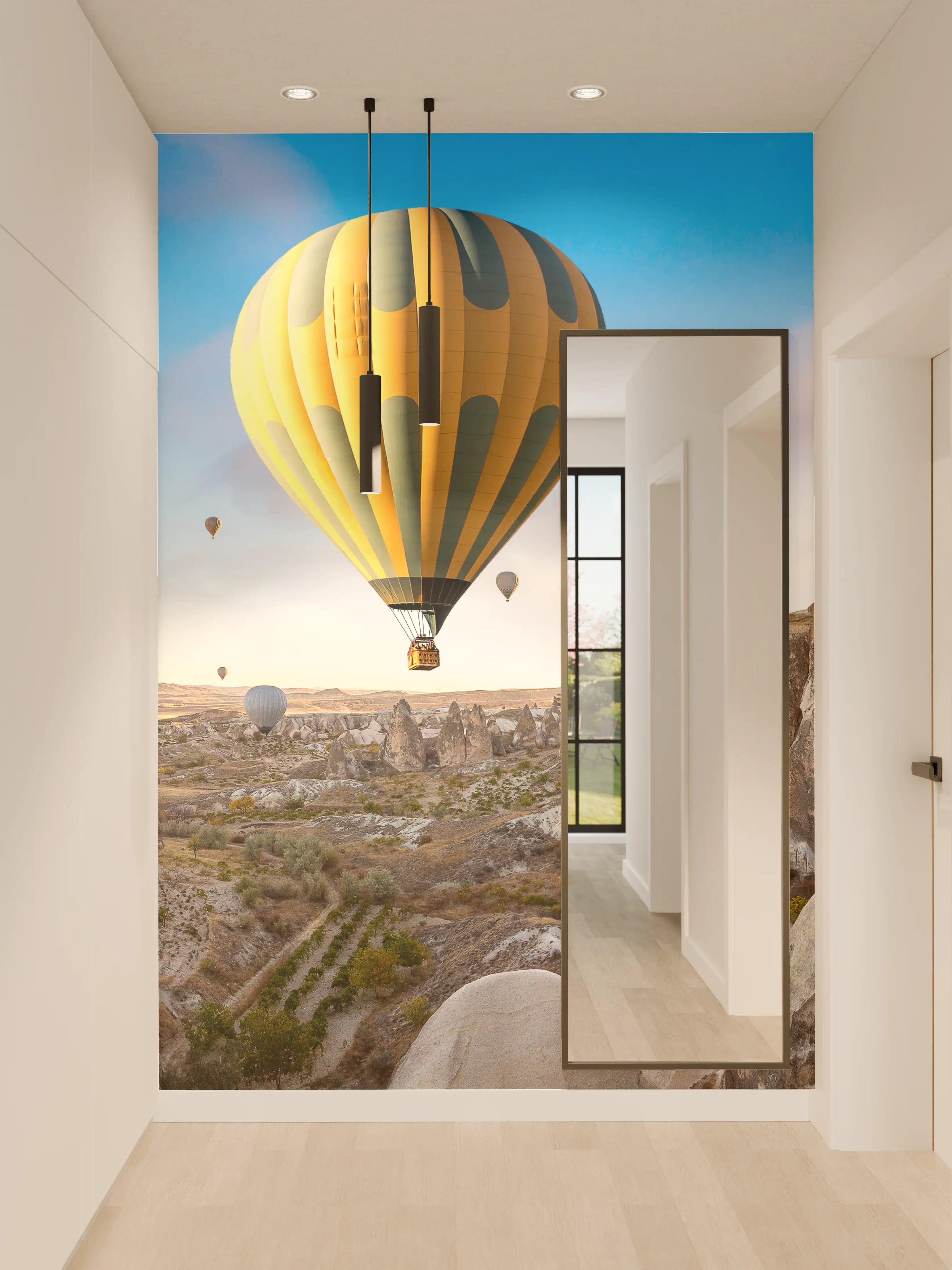 Wandverkleidung Flur - Bunte Heißluftballons über der faszinierenden Landschaft