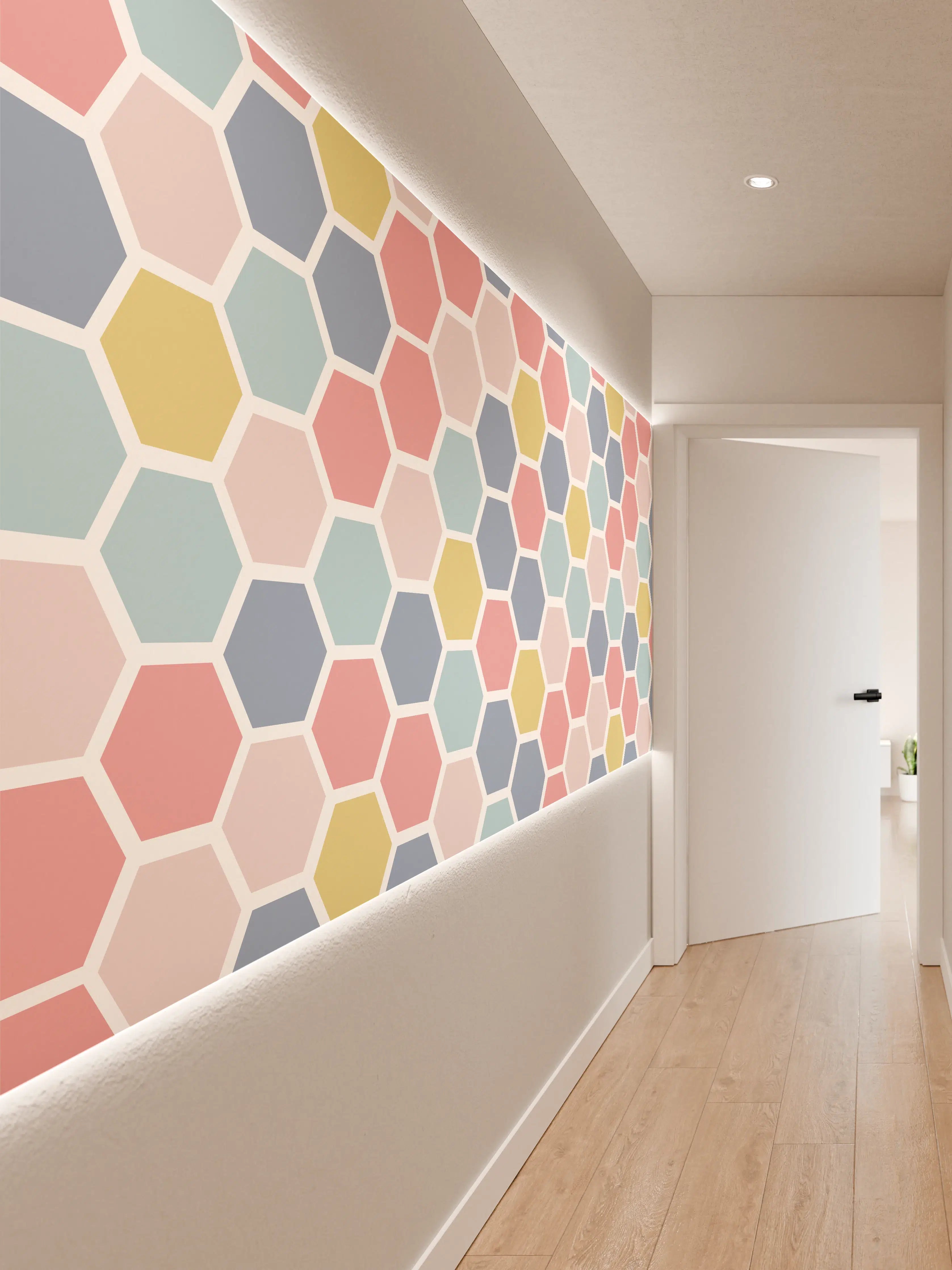 Wandverkleidung Flur - Bunte Hexagon-Muster Tapete