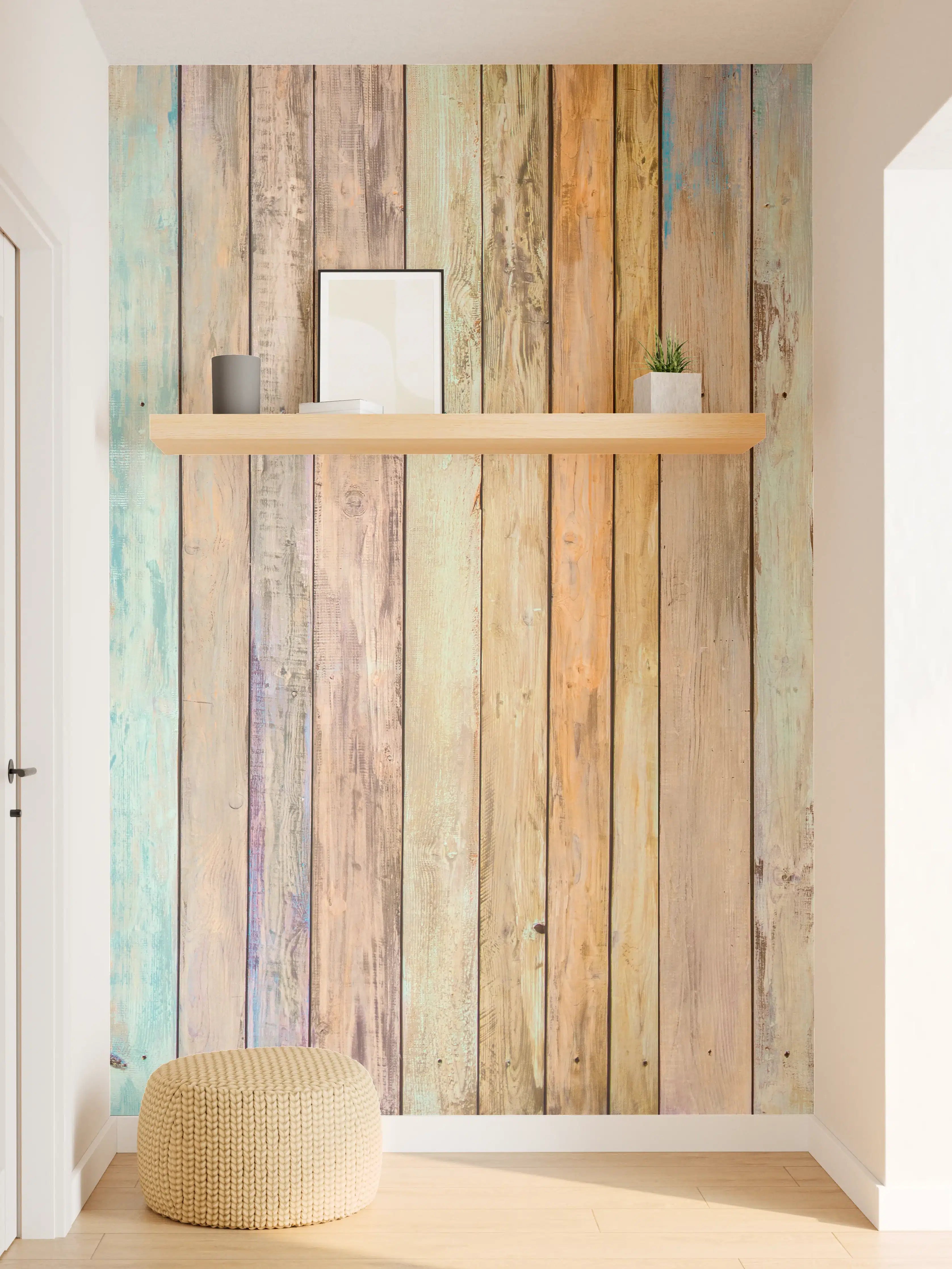 Wandverkleidung Flur - Bunte Holzwand in Pastellfarben