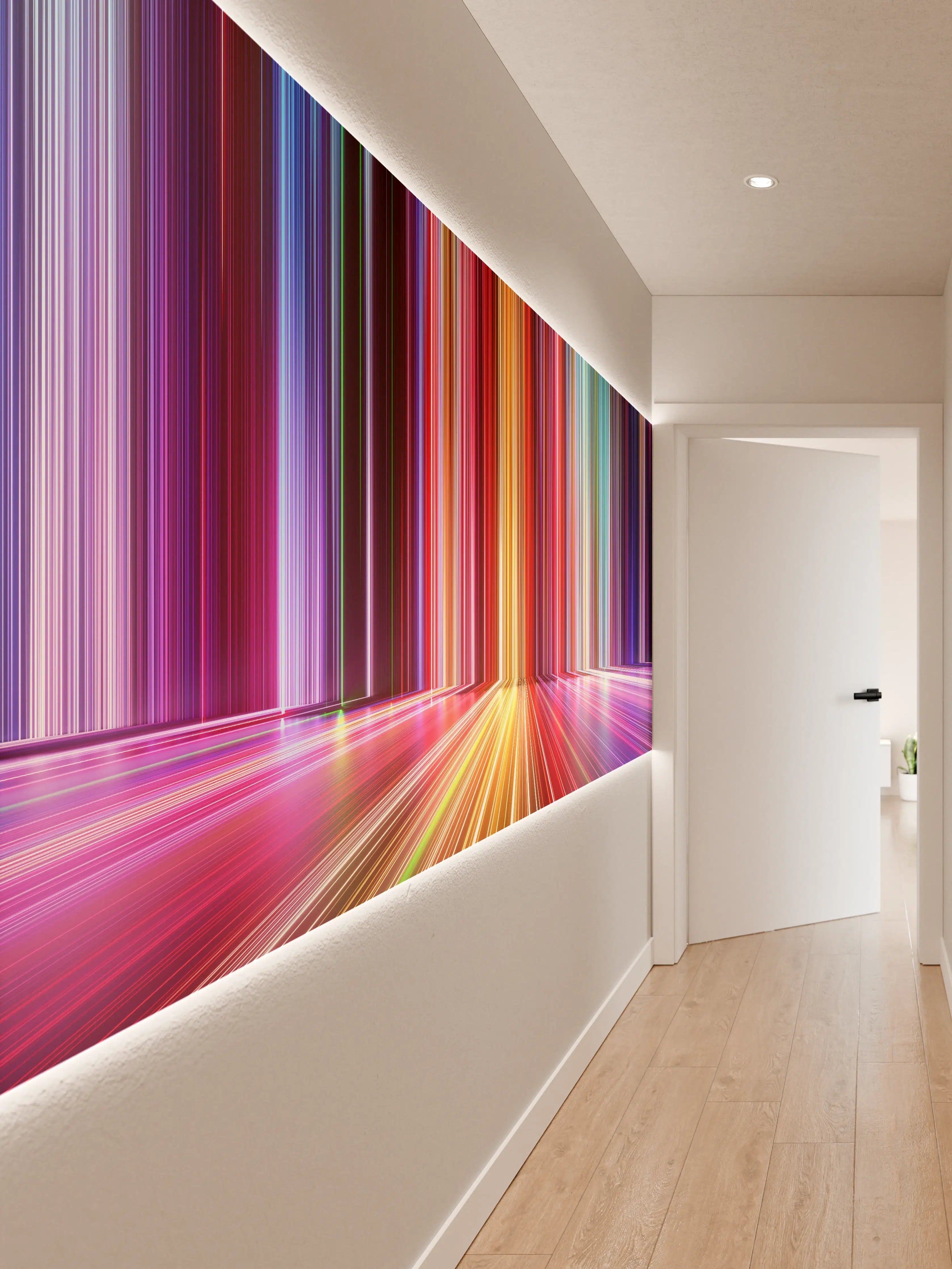Wandverkleidung Flur - Bunte Lichtstrahlen in dunklem Hintergrund