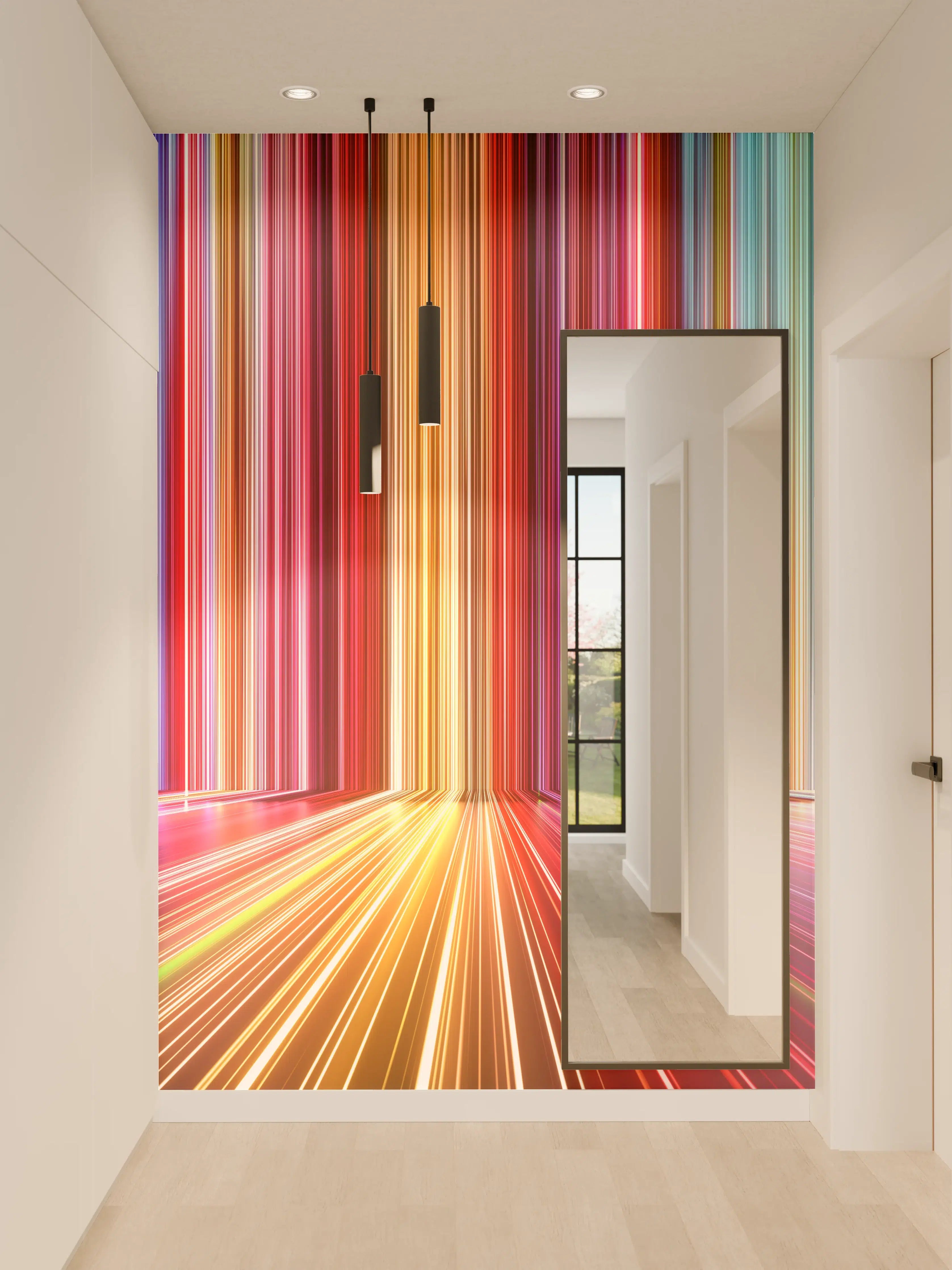 Wandverkleidung Flur - Bunte Lichtstrahlen in dunklem Hintergrund