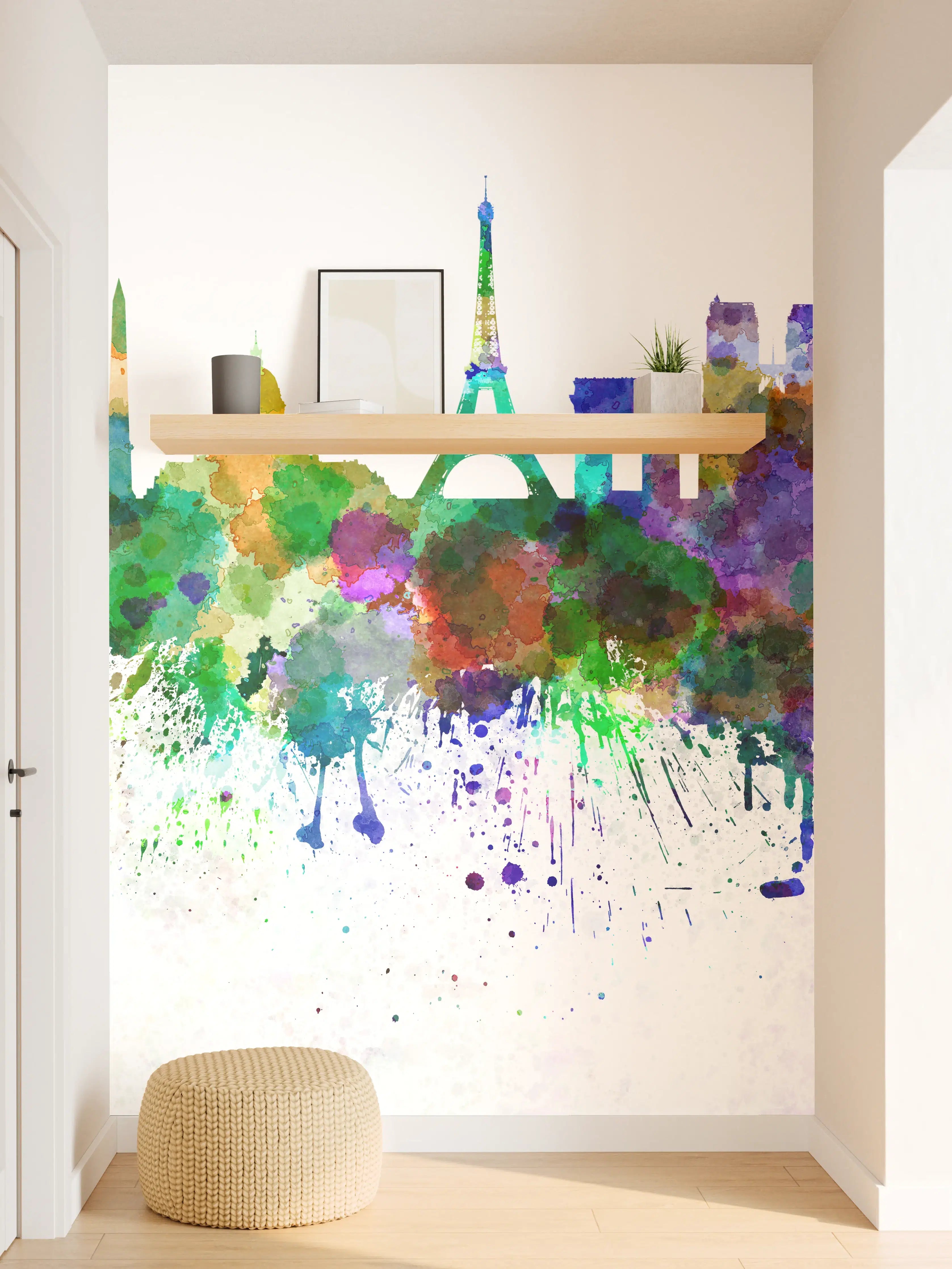 Wandverkleidung Flur - Bunte Paris Skyline Aquarell