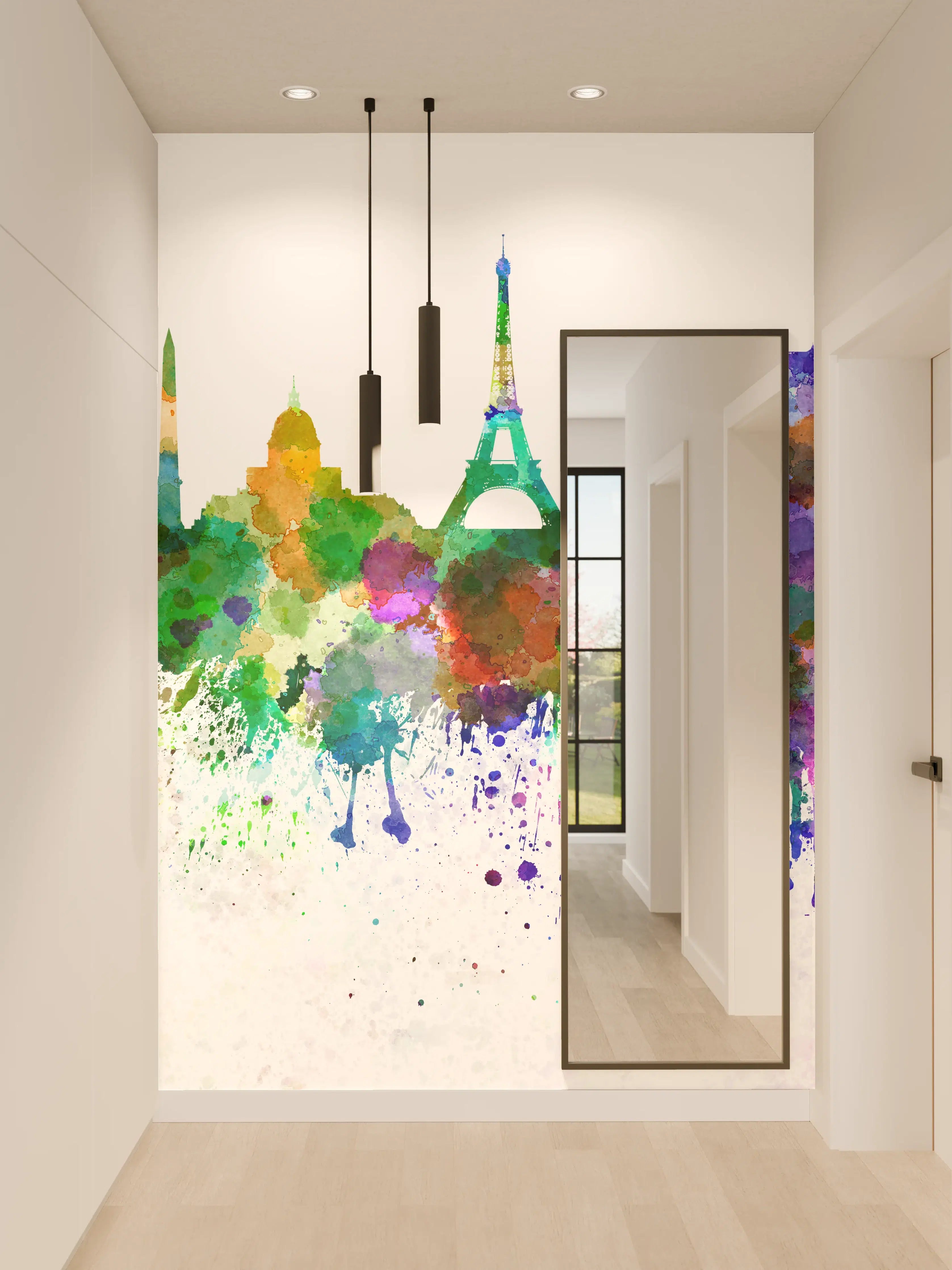 Wandverkleidung Flur - Bunte Paris Skyline Aquarell