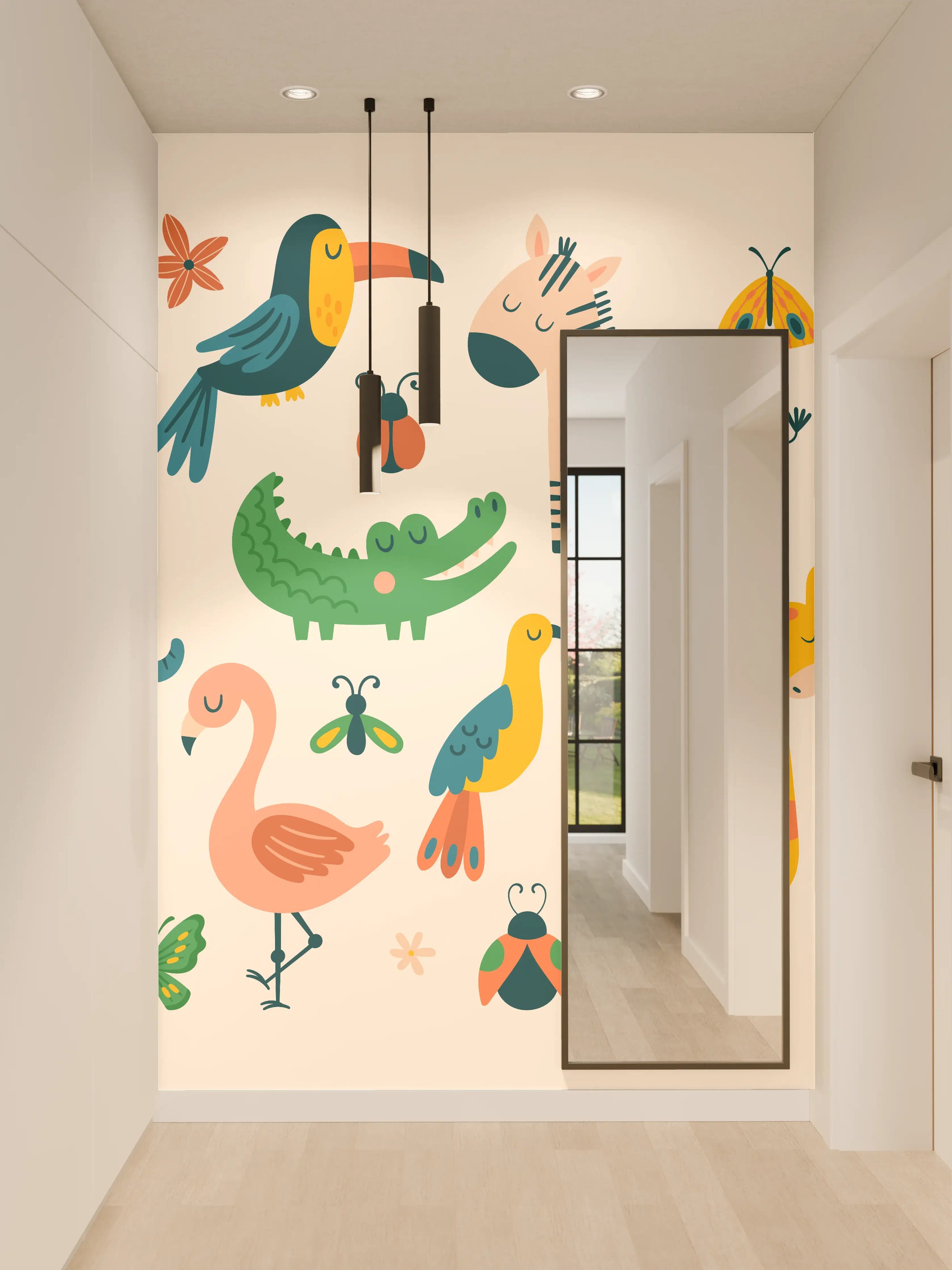 Wandverkleidung Flur - Bunte Tierfiguren Illustration