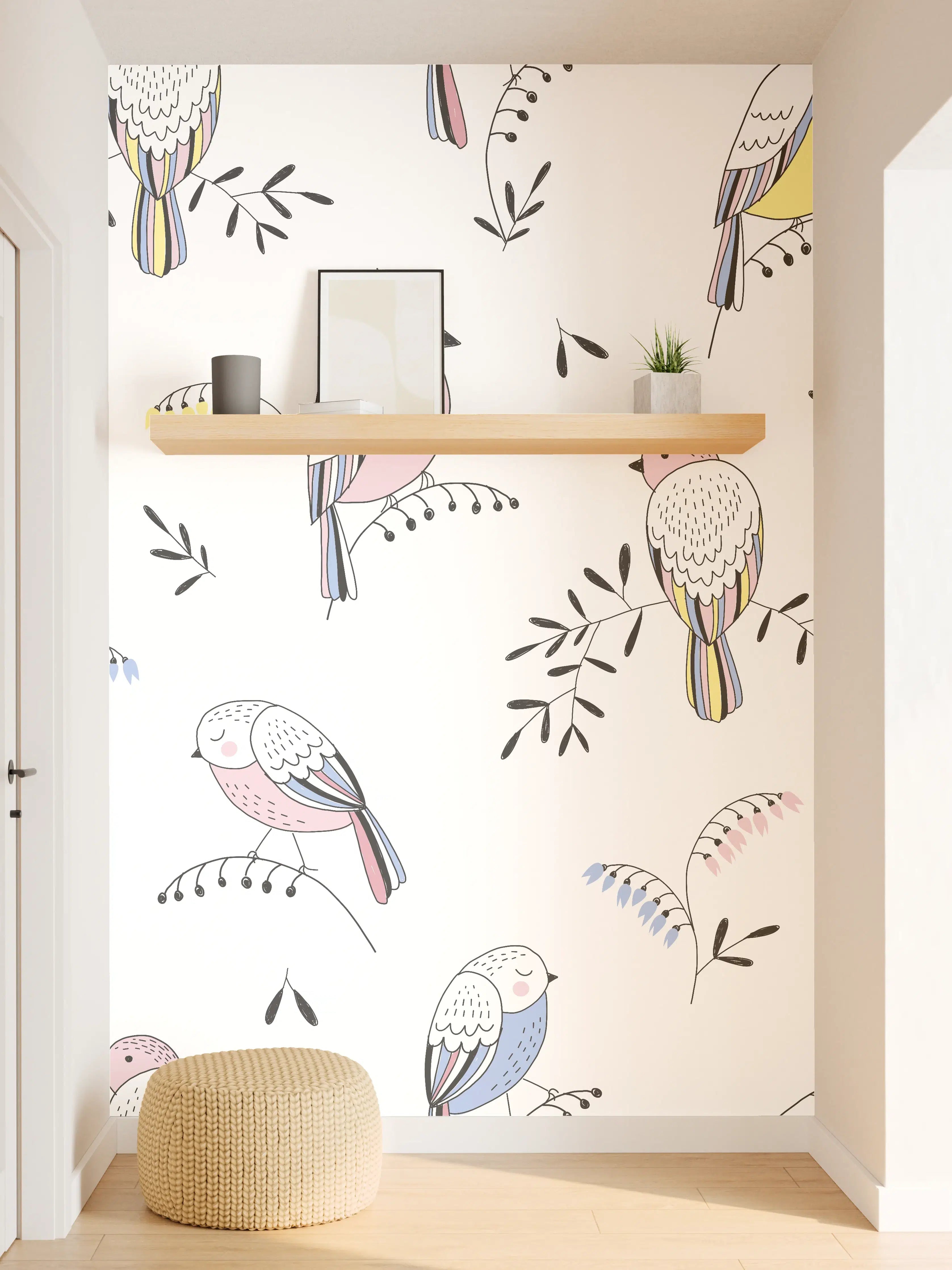 Wandverkleidung Flur - Bunte Vögel Muster Illustration